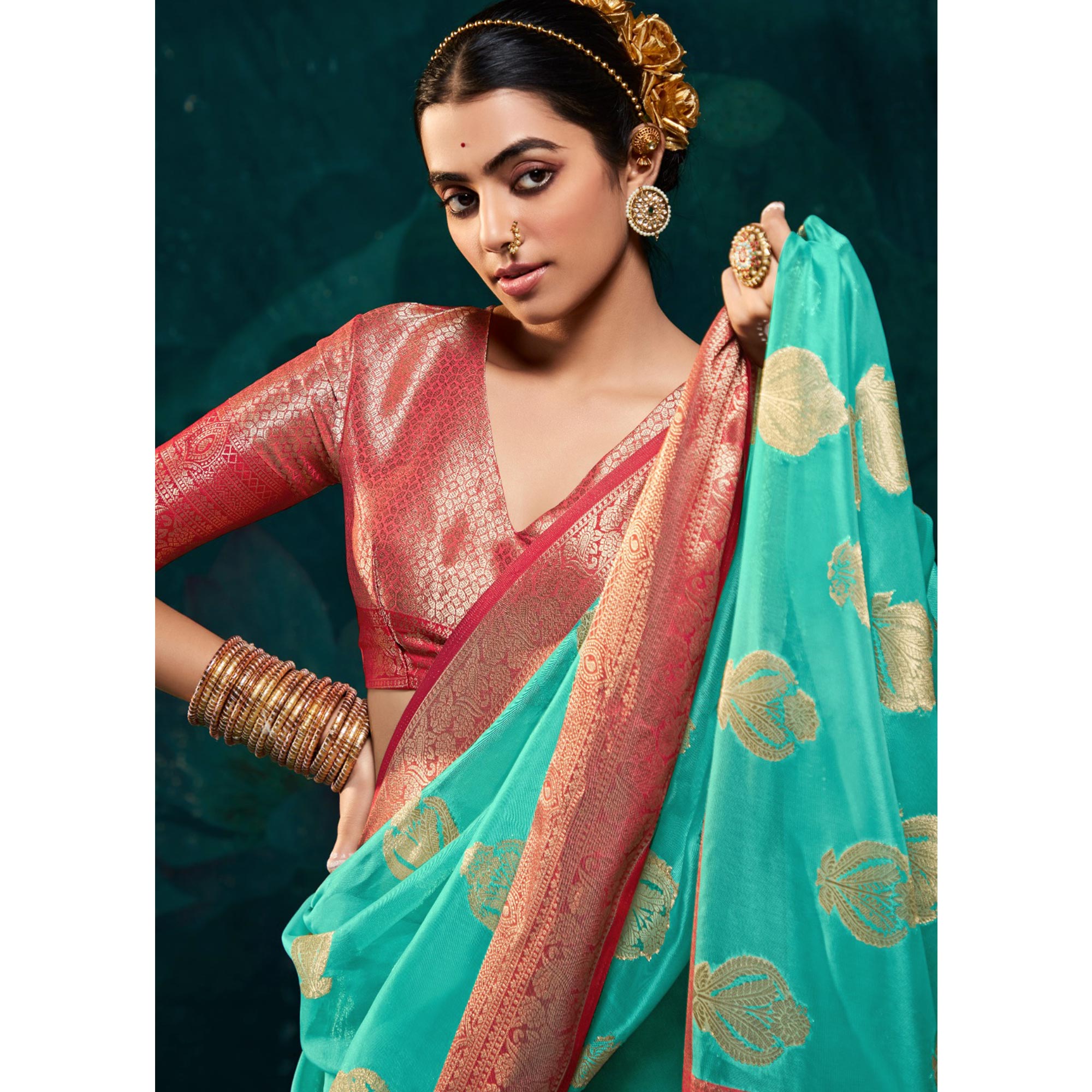 Rama Green Floral Woven Organza Saree