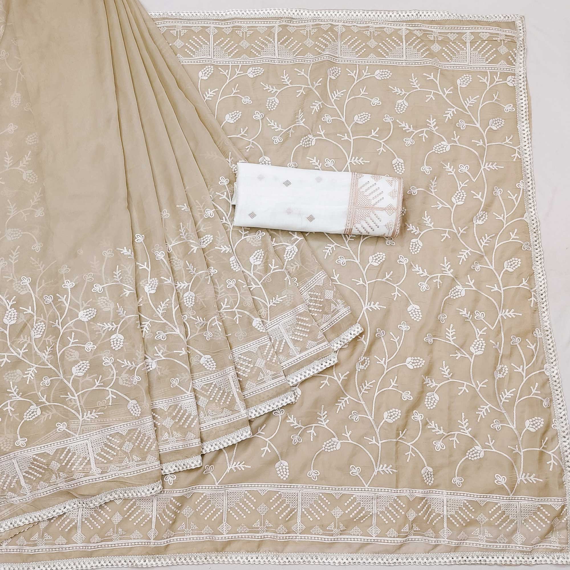 Beige Lucknowi Work Organza Saree
