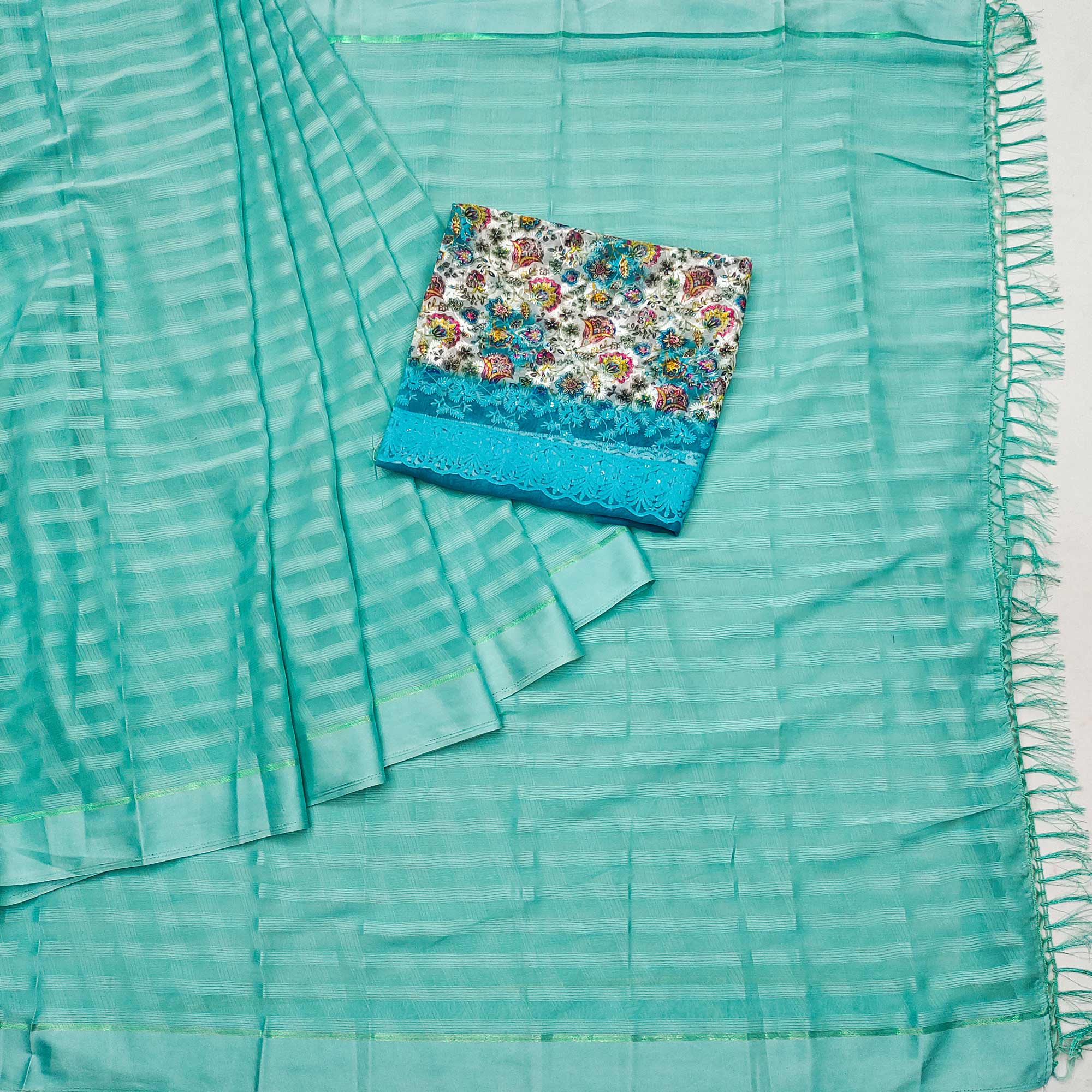 Turquoise Checks Pattern Satin Saree