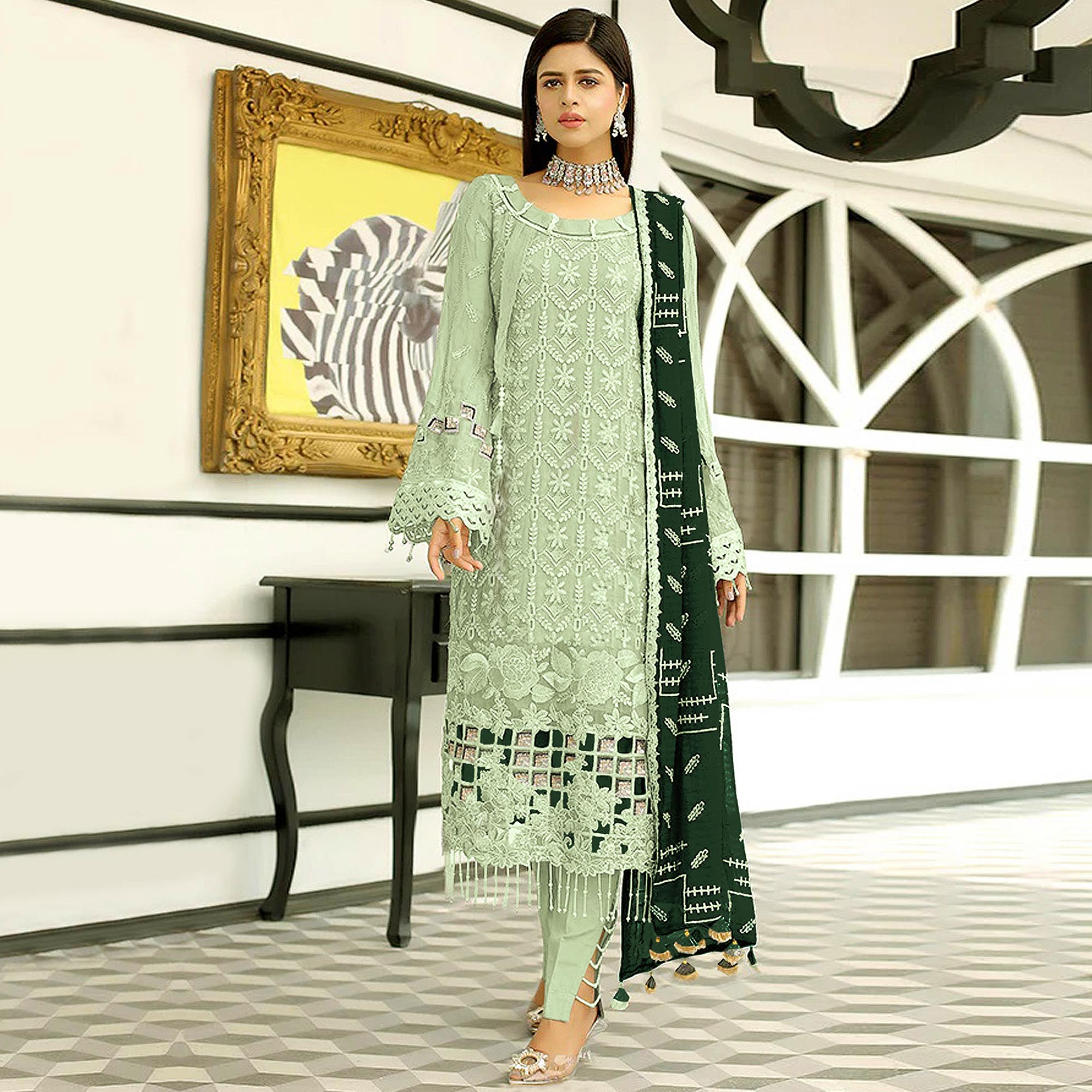 Green Floral Embroidered Georgette Pakistani Suit