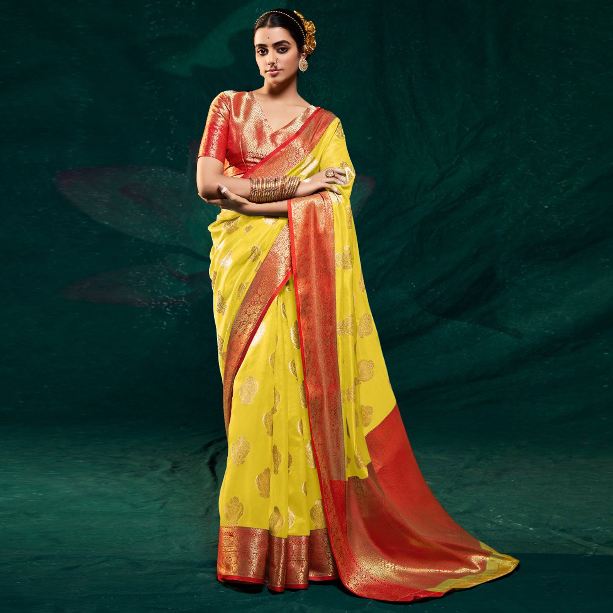 Yellow Floral Woven Organza Saree