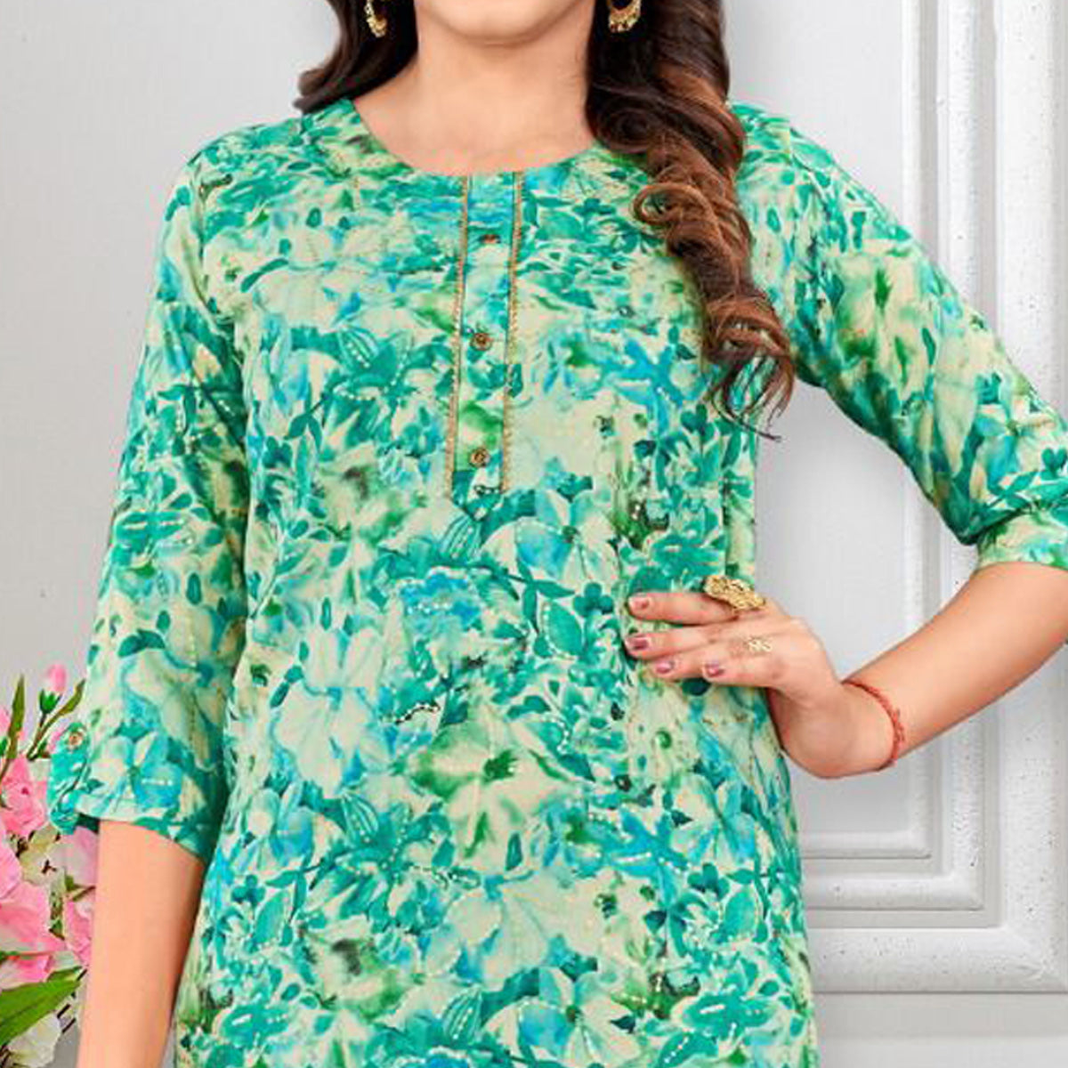 Turquoise Floral Foil Printed Rayon Kurti