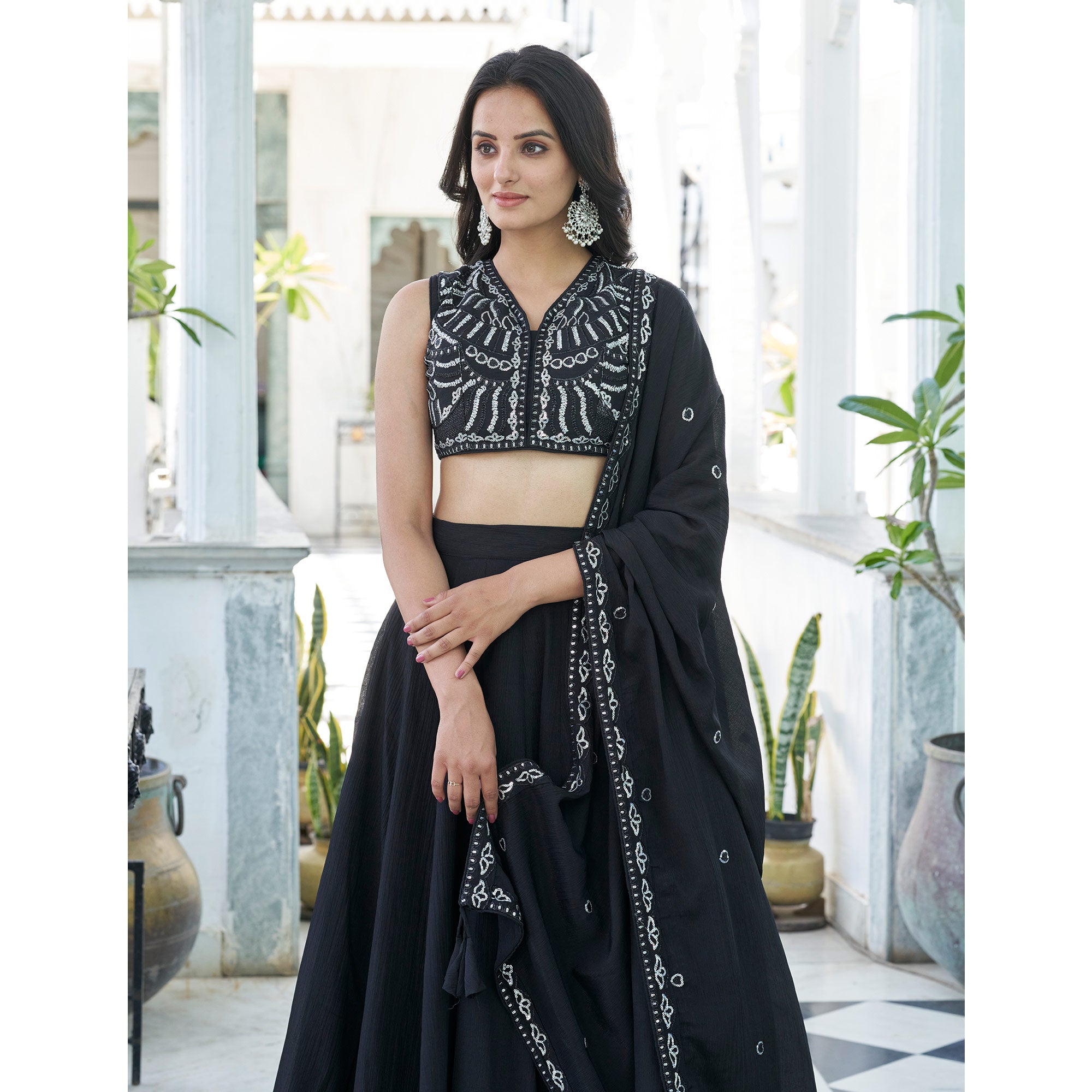 Black Sequins Embroidered Chiffon Lehenga Choli