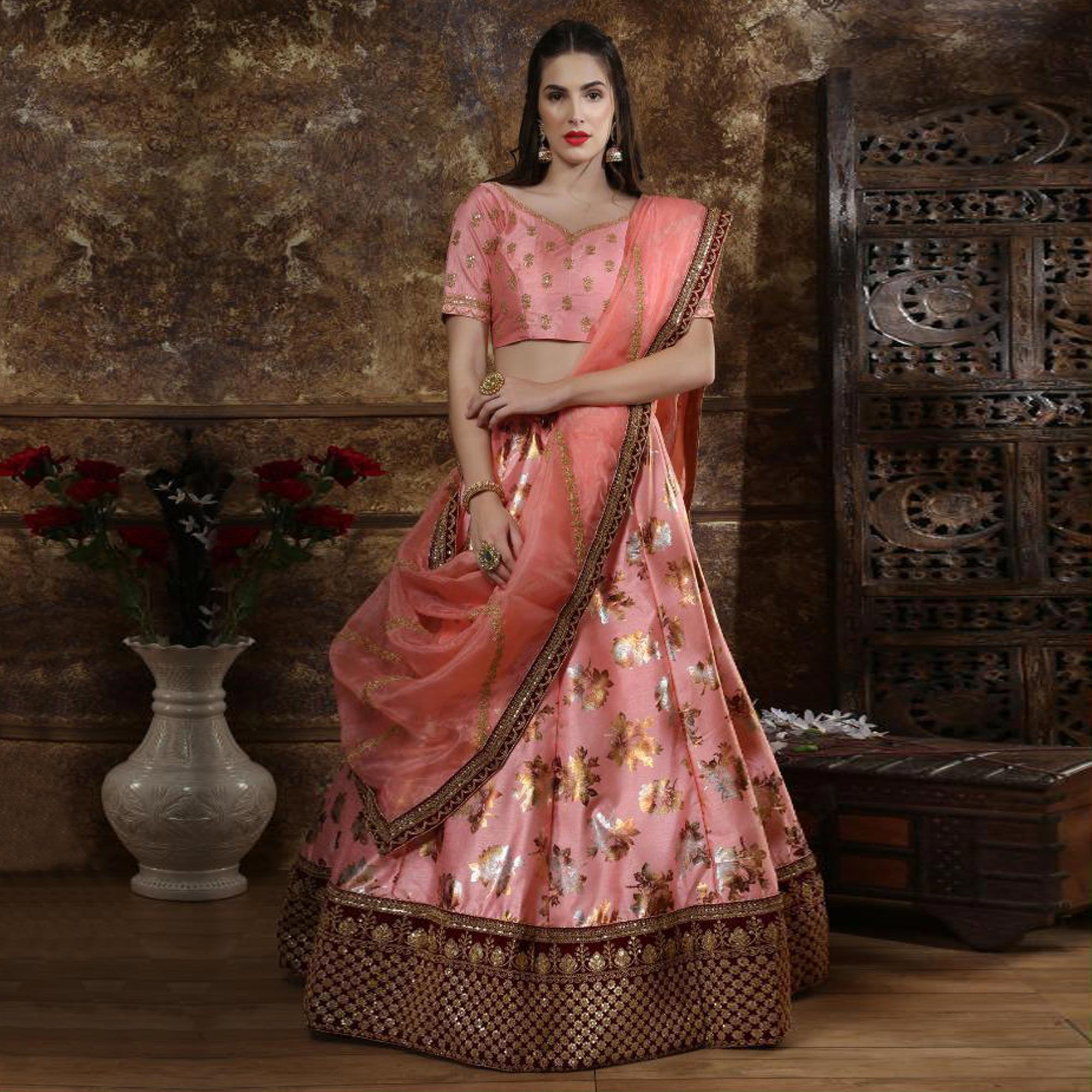 Peach Foil Printed Art Silk Lehenga Choli