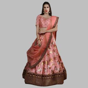 Peach Foil Printed Art Silk Lehenga Choli