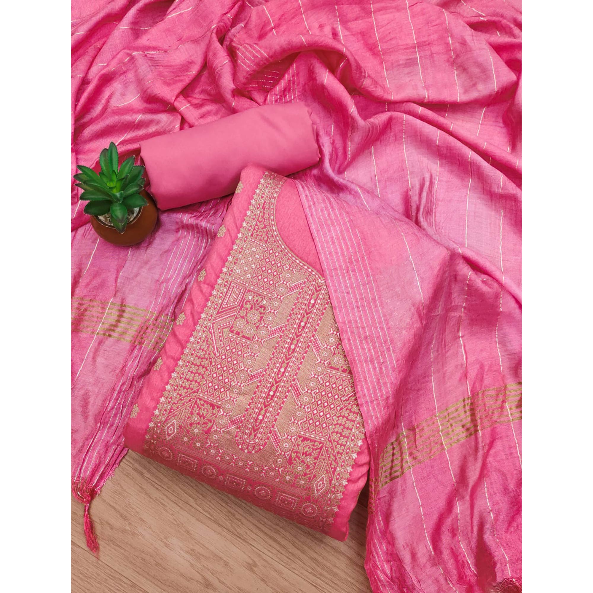 Pink Woven Banarasi Silk Dress Material