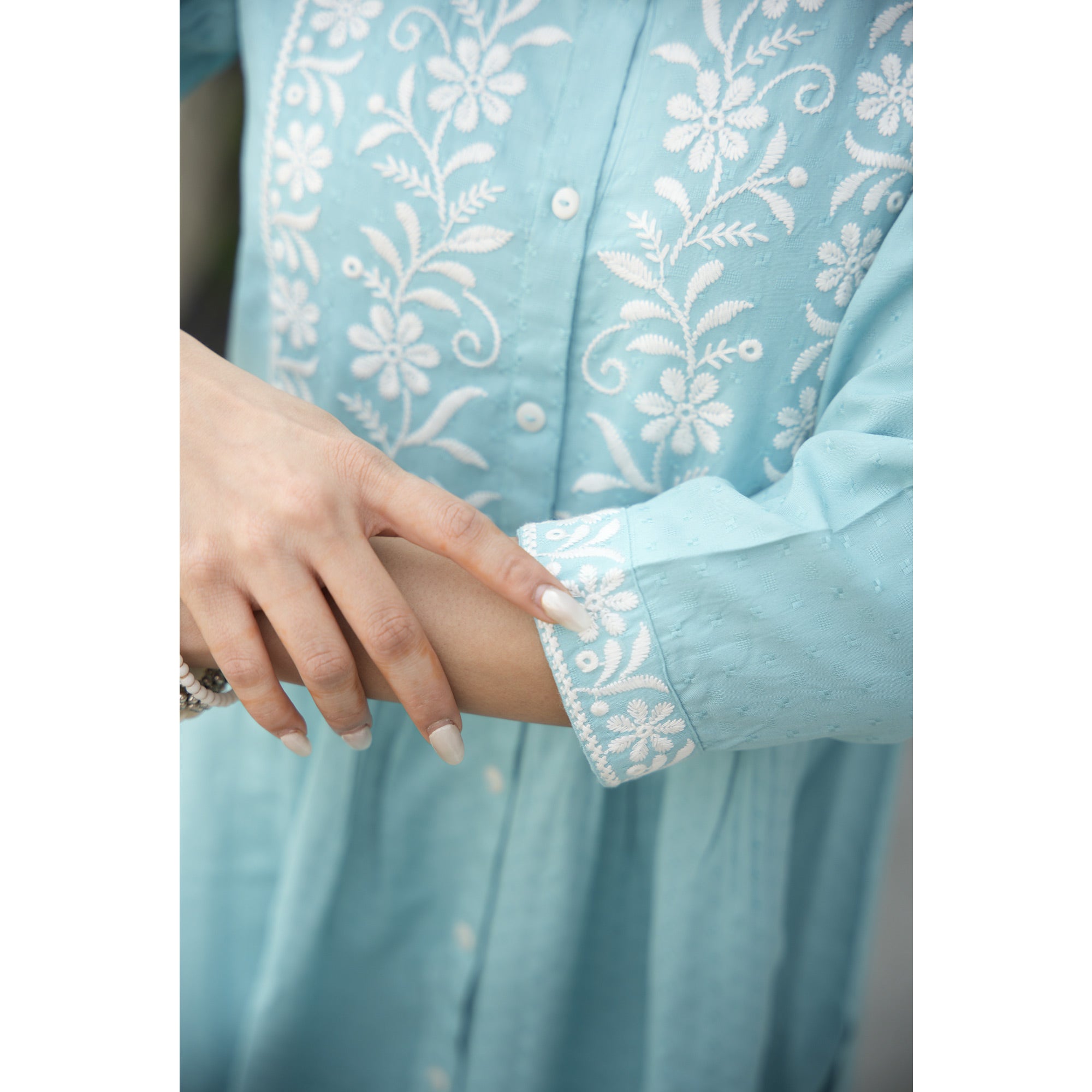 Blue Floral Embroidered Rayon Kurti