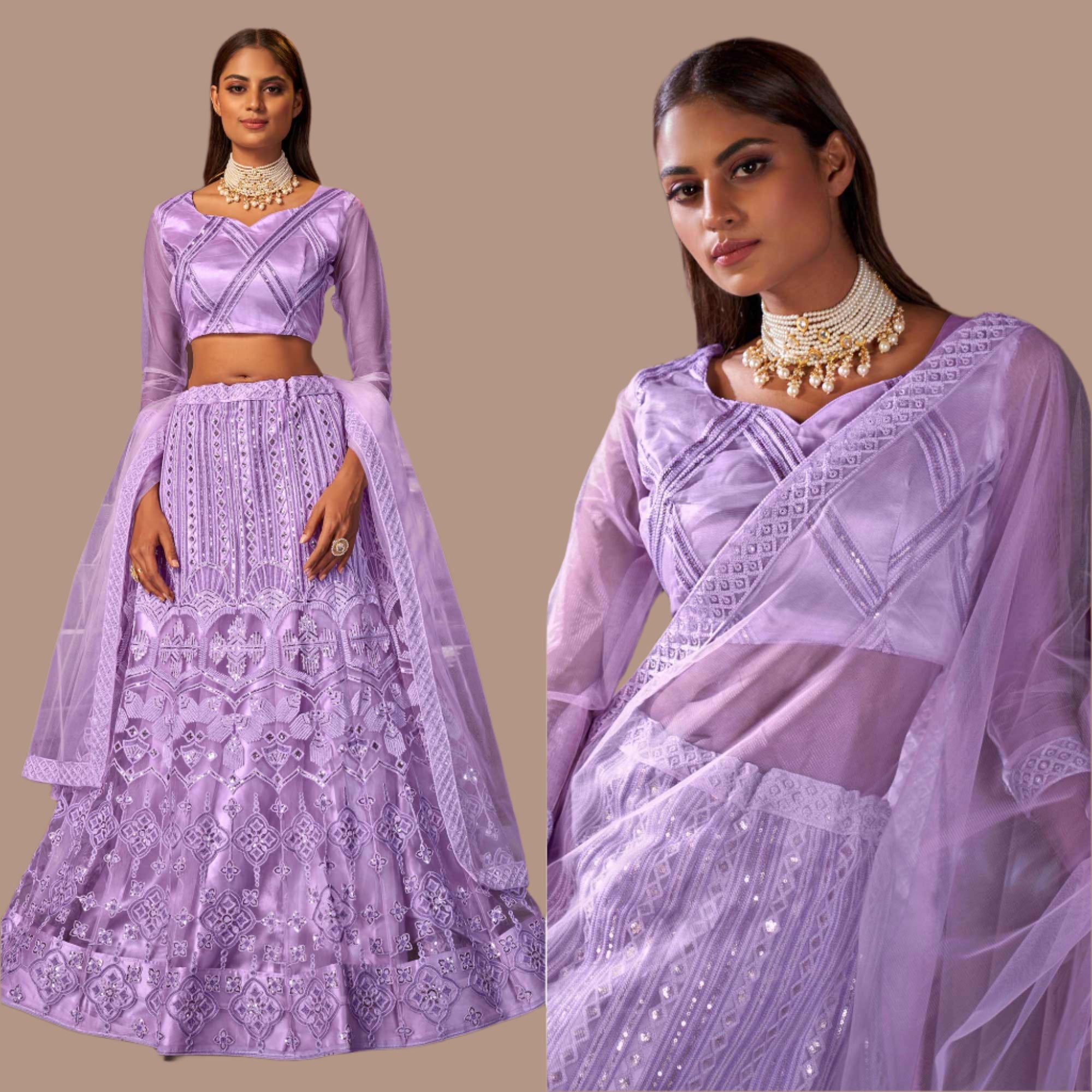 Violet Sequins Embroidered Netted Lehenga Choli - Image 4