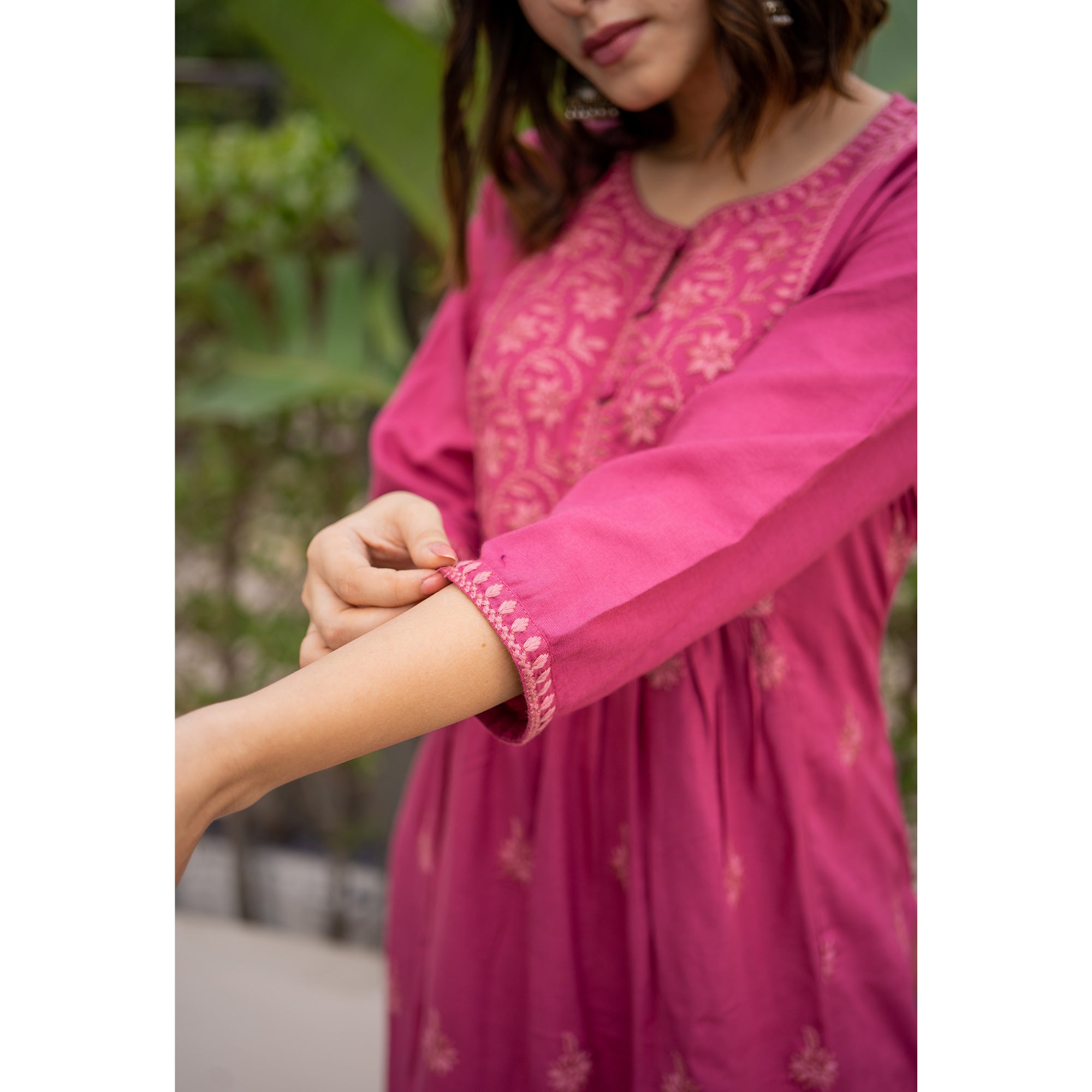 Pink Floral Embroidered Rayon Kurti