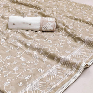Beige Lucknowi Work Organza Saree