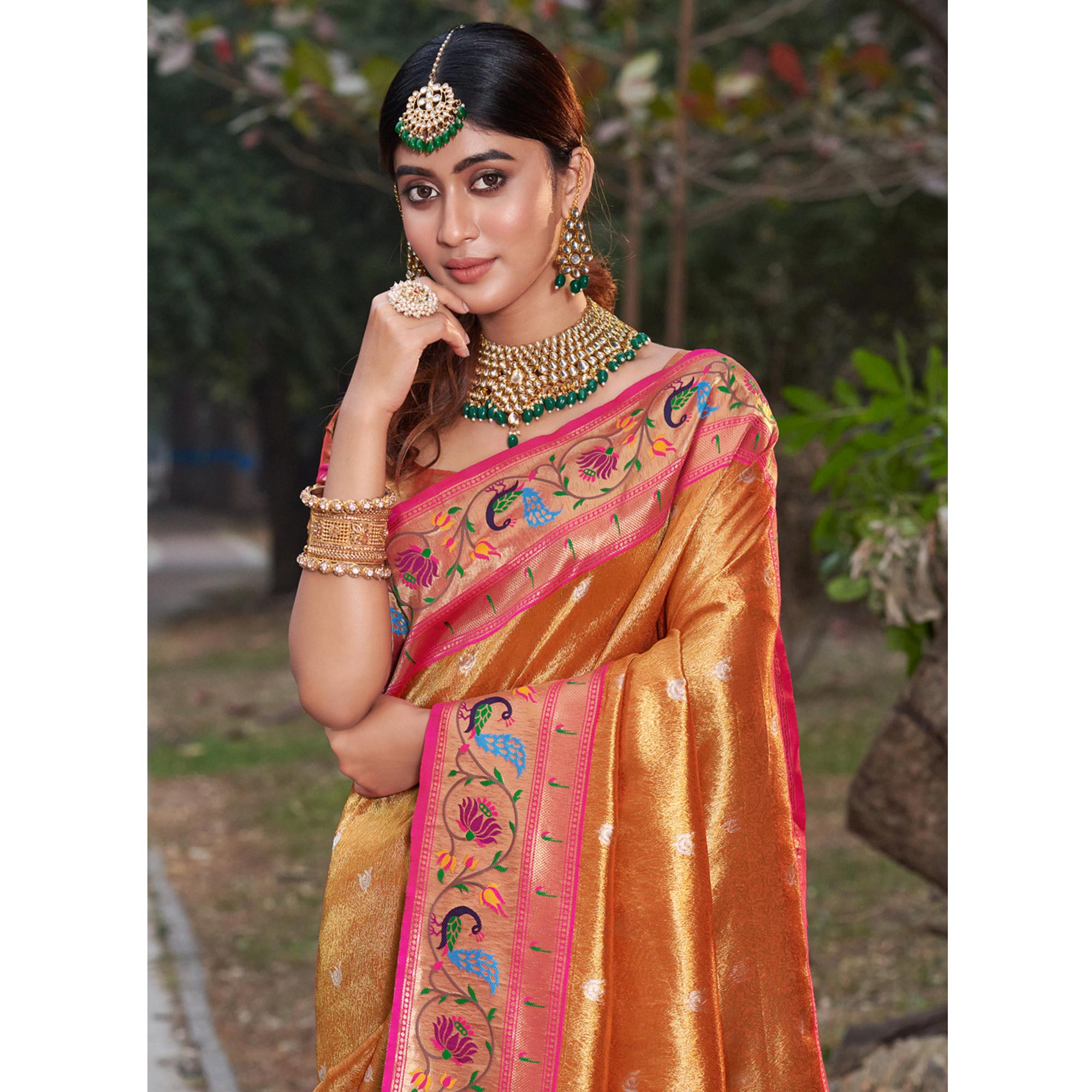 Orange Woven Art Silk Paithani Saree With Tassels - Image 3