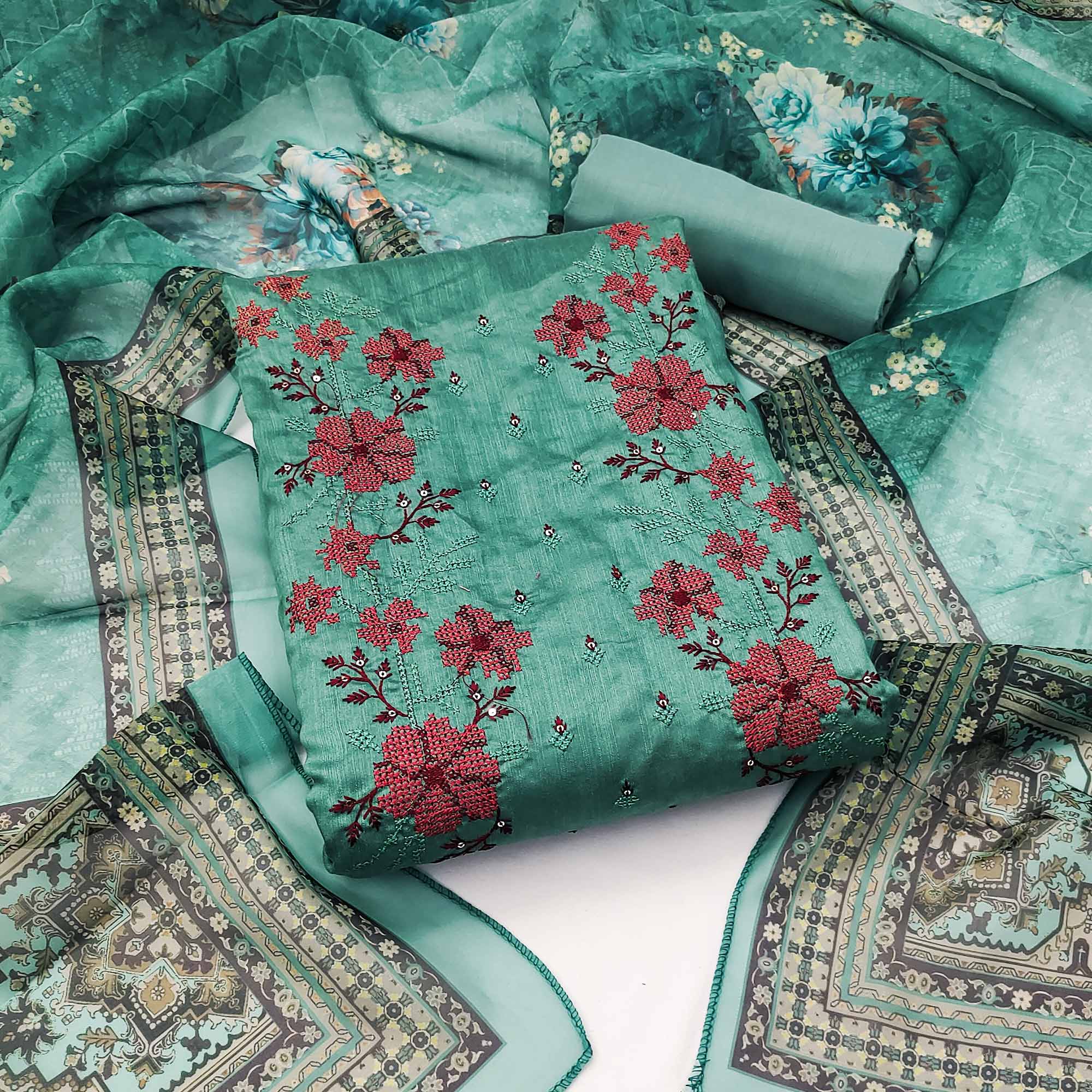 Turquoise Floral Sequins Embroidered Art Silk Dress Material