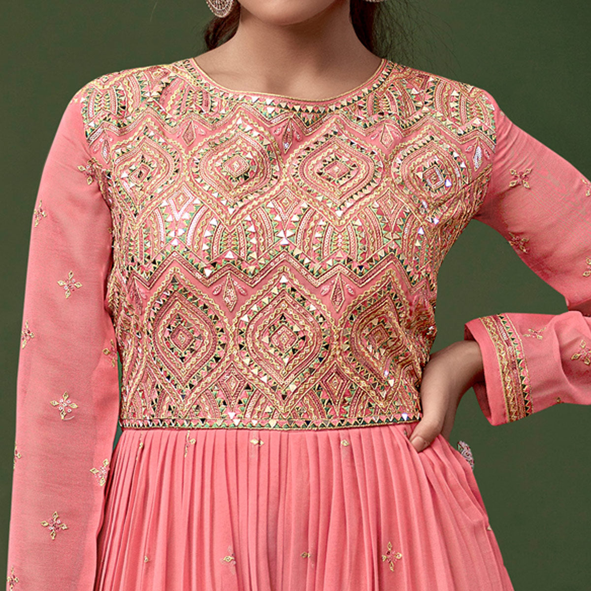 Pink Sequins With Mirror Embroidered Georgette Jumpsuit - Image 2