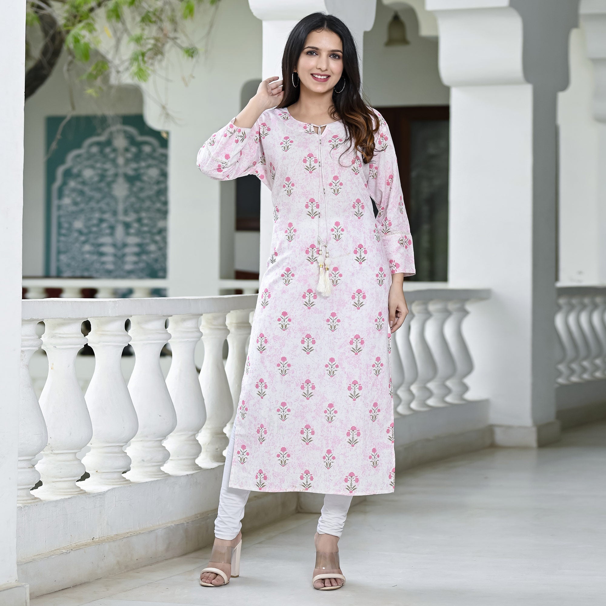 Pink Floral Printed Pure Cotton Long Kurti