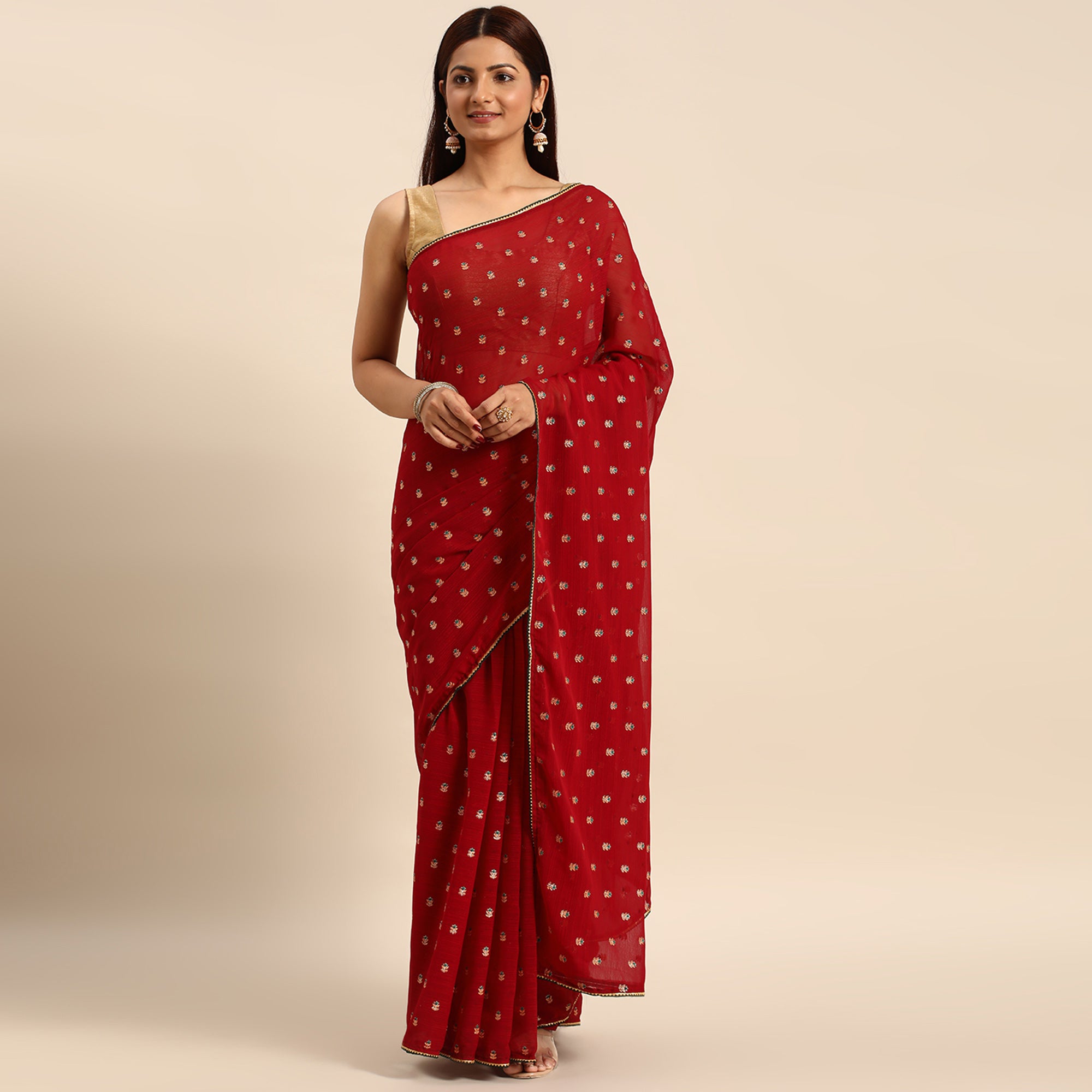 Maroon Embroidered Chiffon Saree