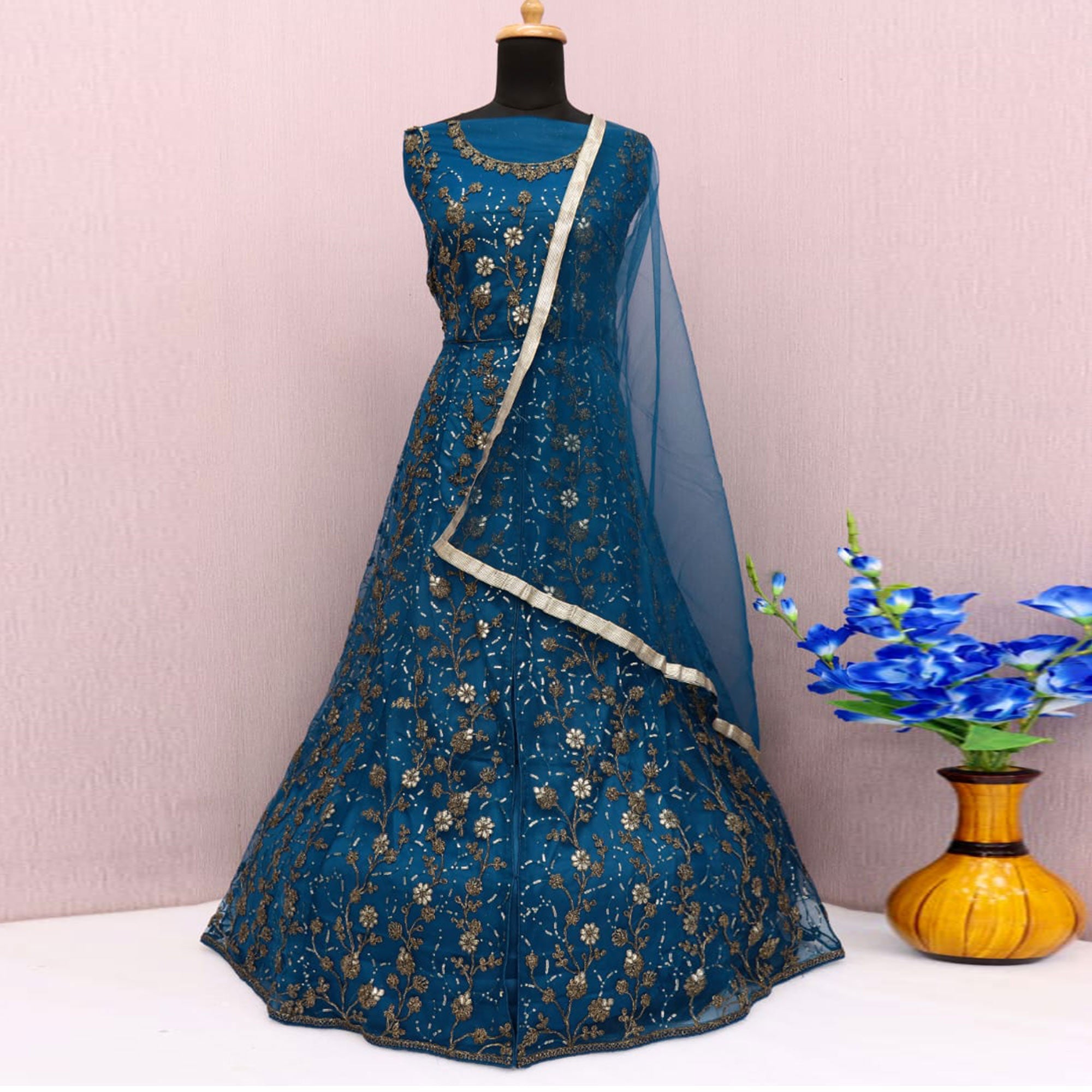 Sea Blue Zardosi Work Netted Gown - Image 3
