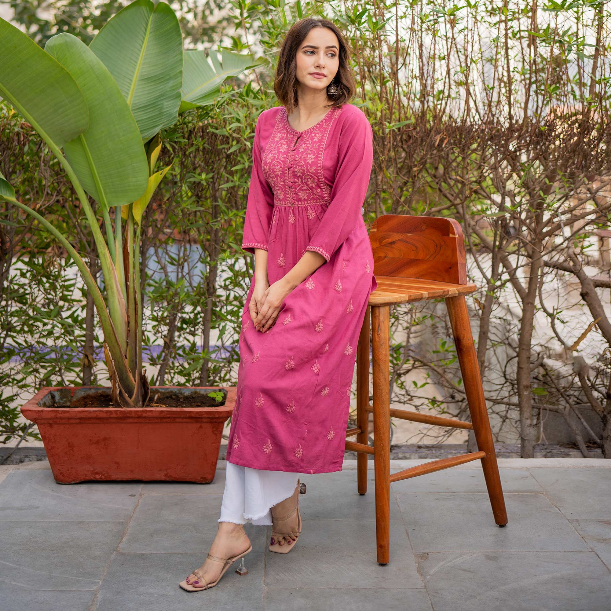 Pink Floral Embroidered Rayon Kurti