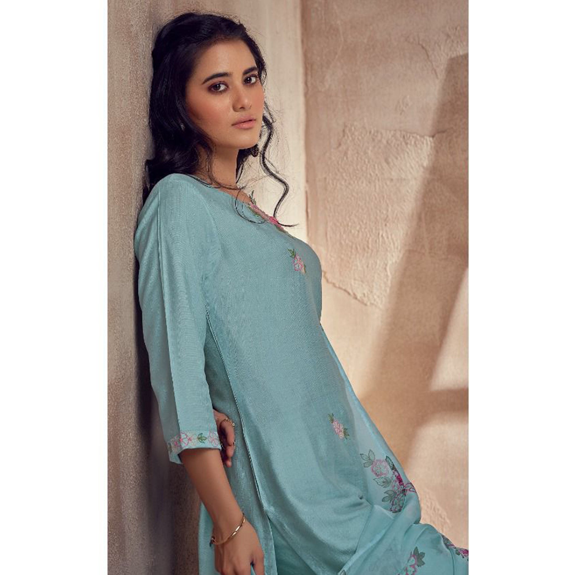 Blue Floral Embroidered Viscose Suit