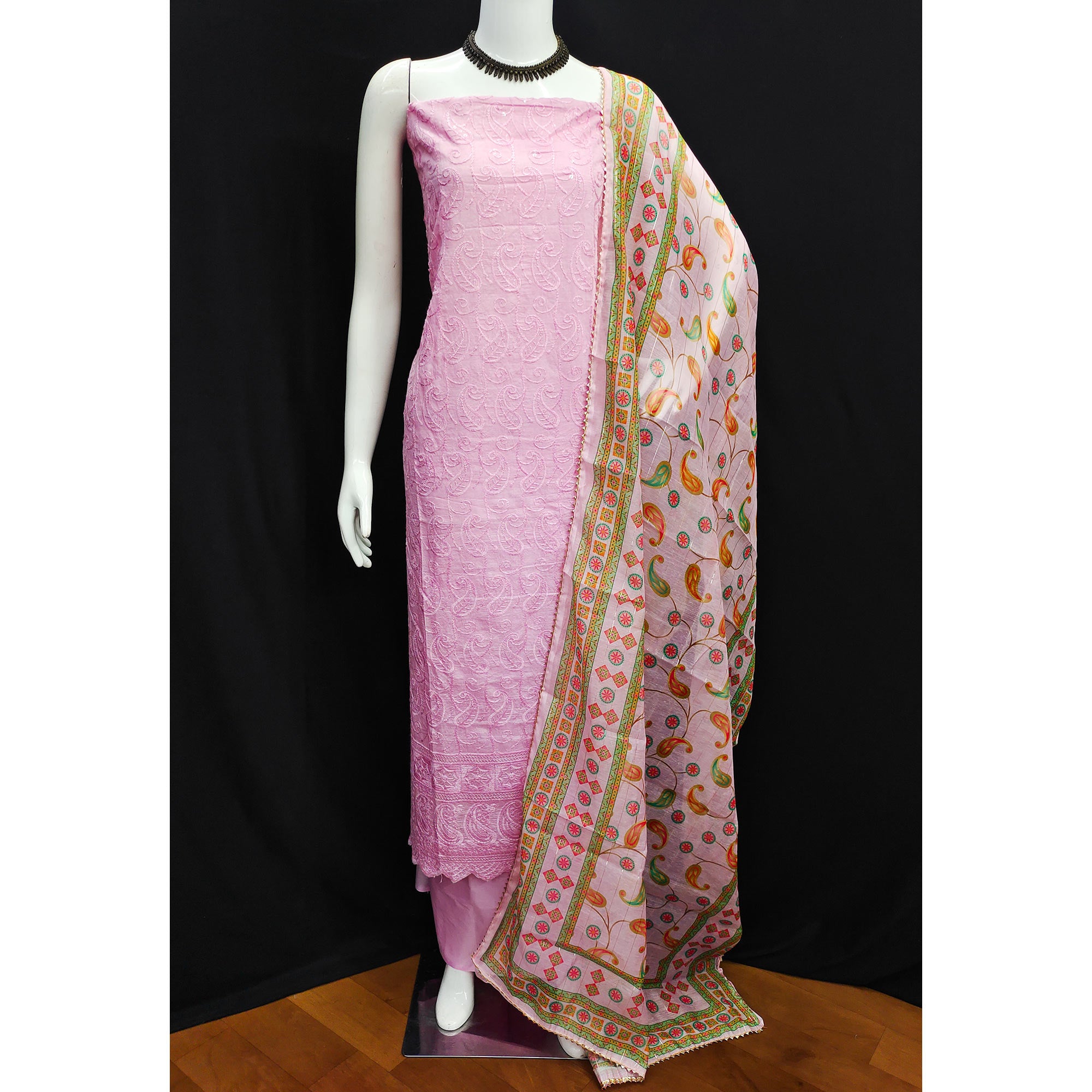 Pink Embroidered Cotton Blend Dress Material