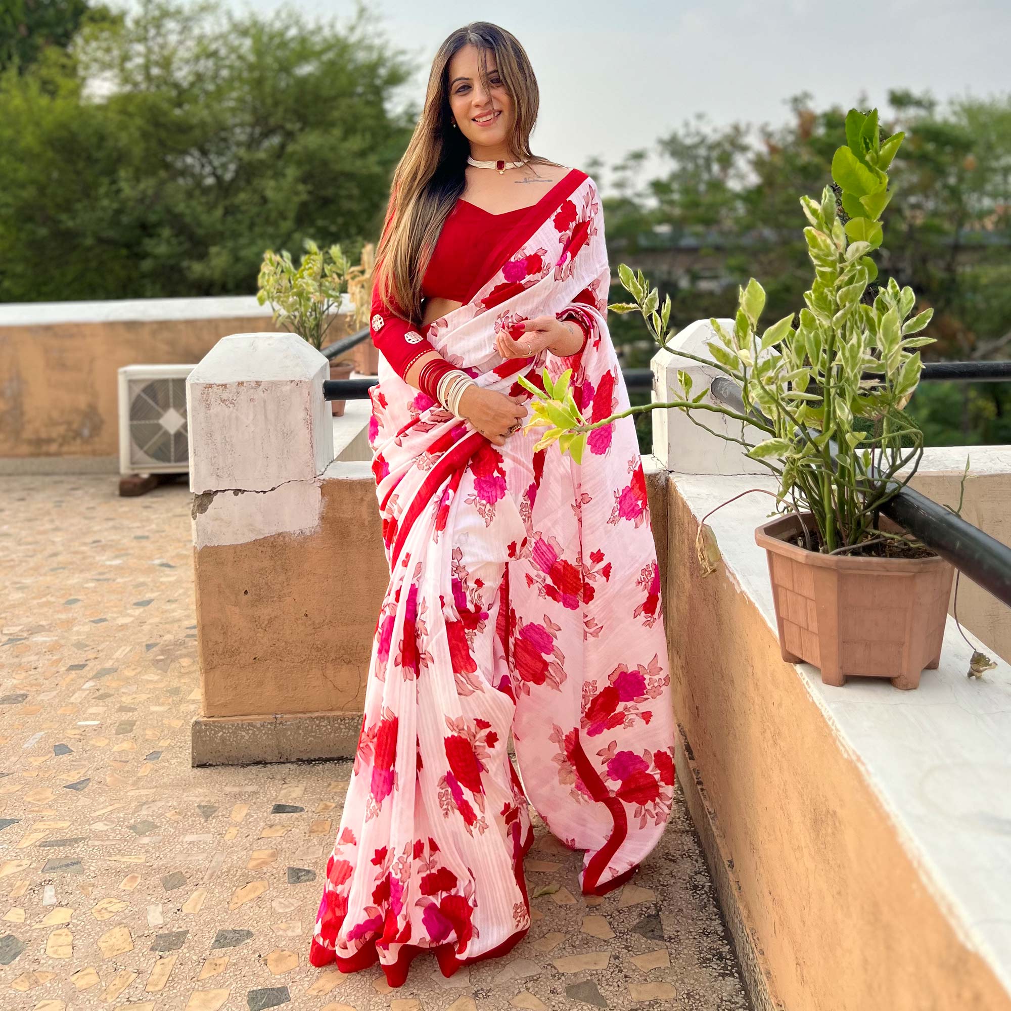 White & Red Digital Printed Cotton Silk Saree