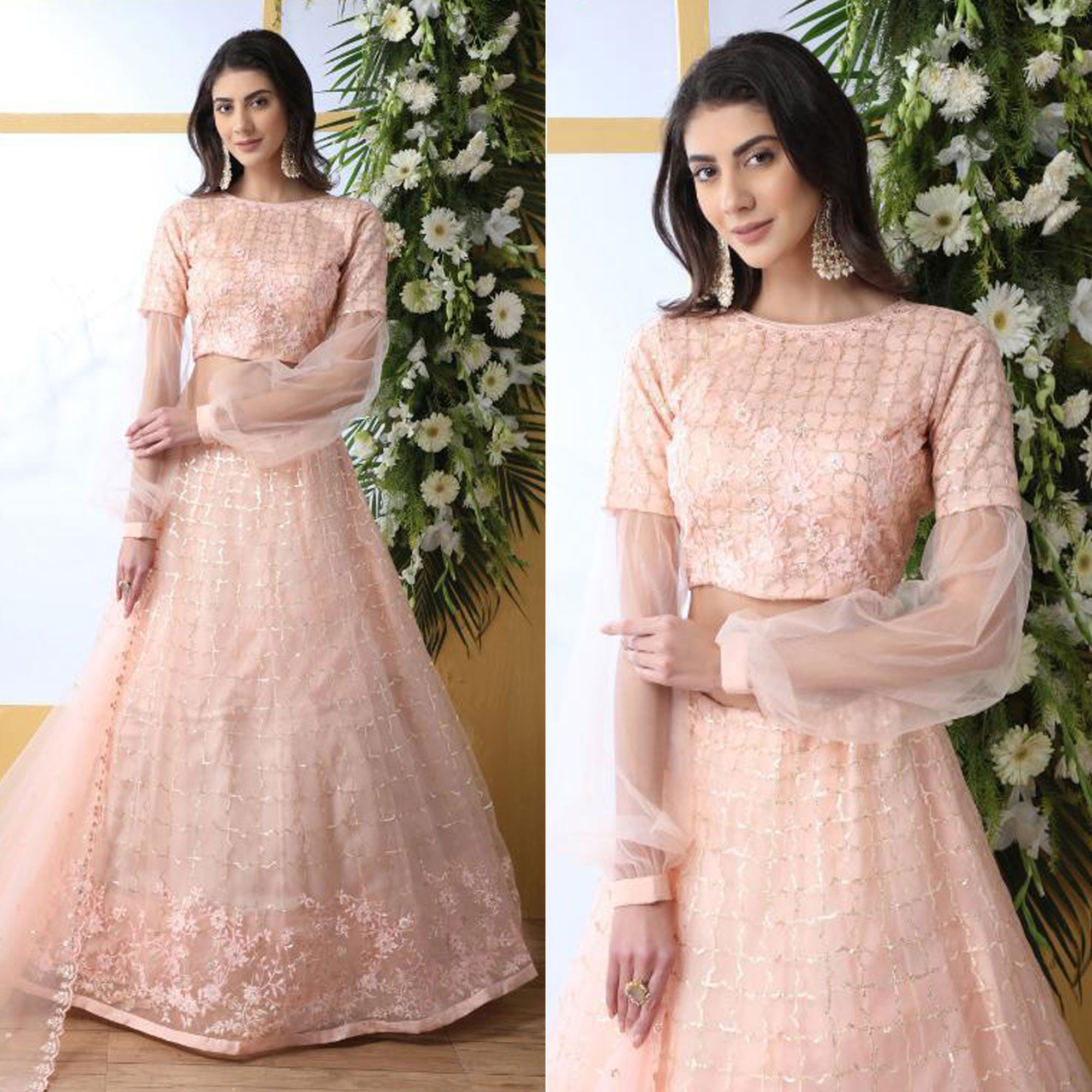 Pink Floral Embroidered Net Lehenga Choli