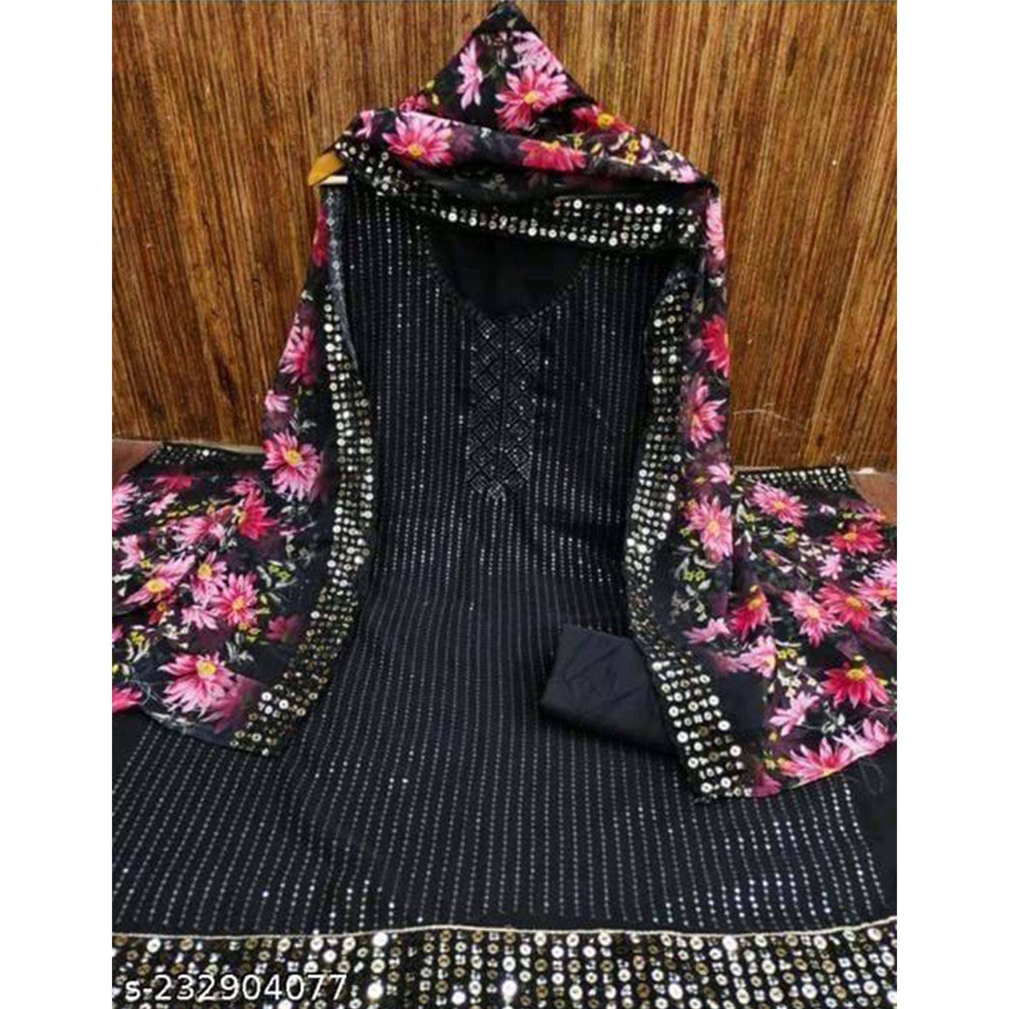 Black Sequins Embroidered Georgette Dress Material