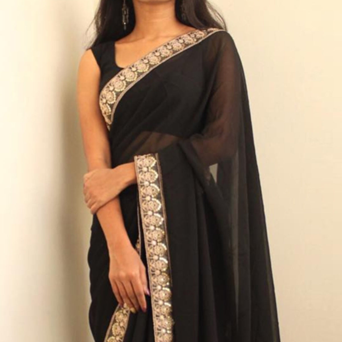 Black Sequins Embroidered Border Georgette Saree