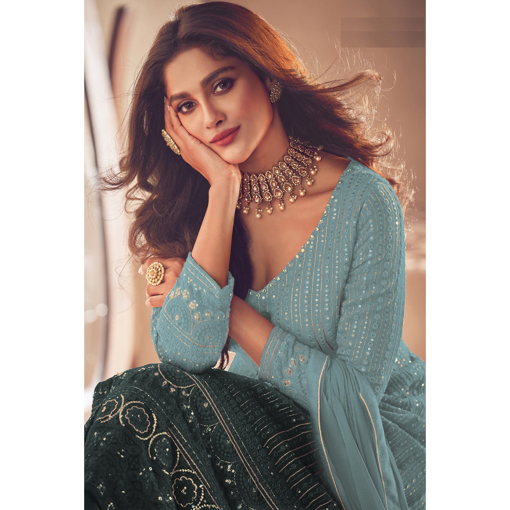 Sky Blue Sequins Embroidered Georgette Front Slit Suit