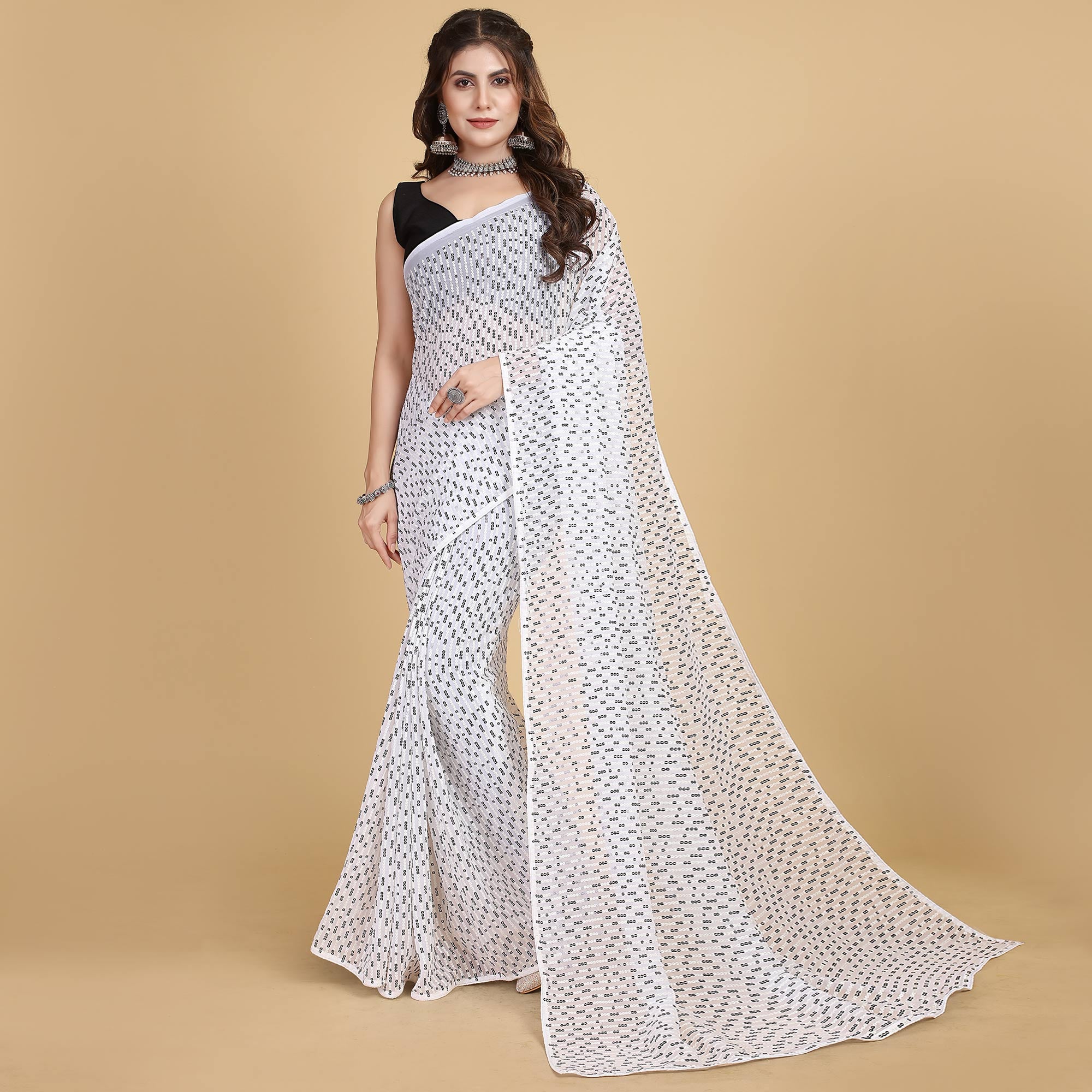White & Black Sequins Embroidered Georgette Saree