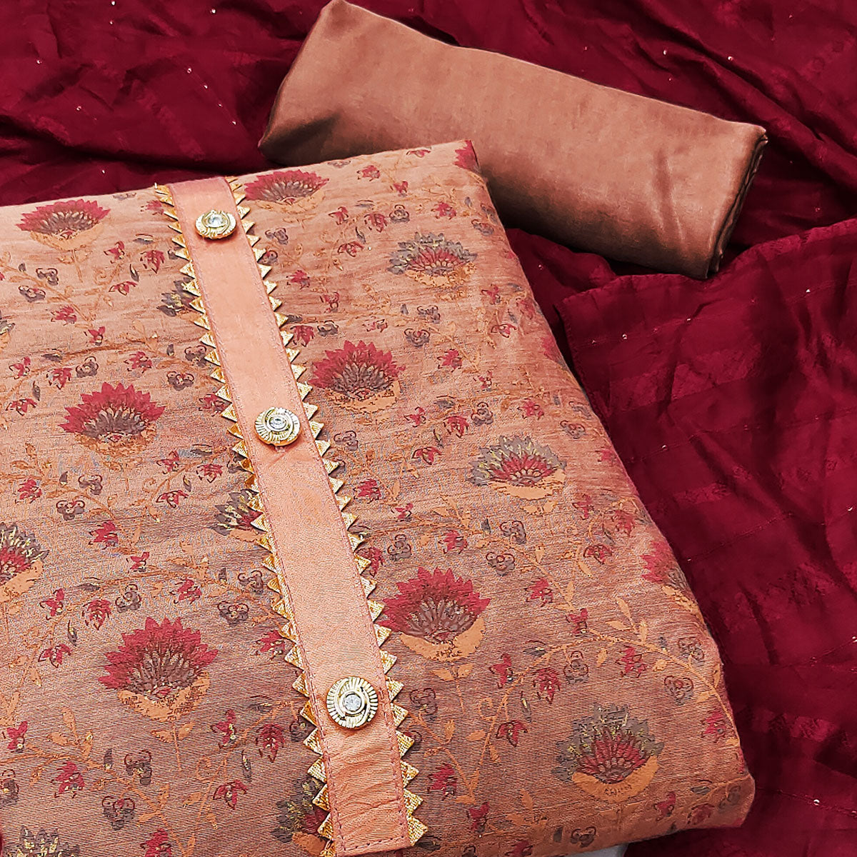 Pink Floral Printed Chanderi Dress Material