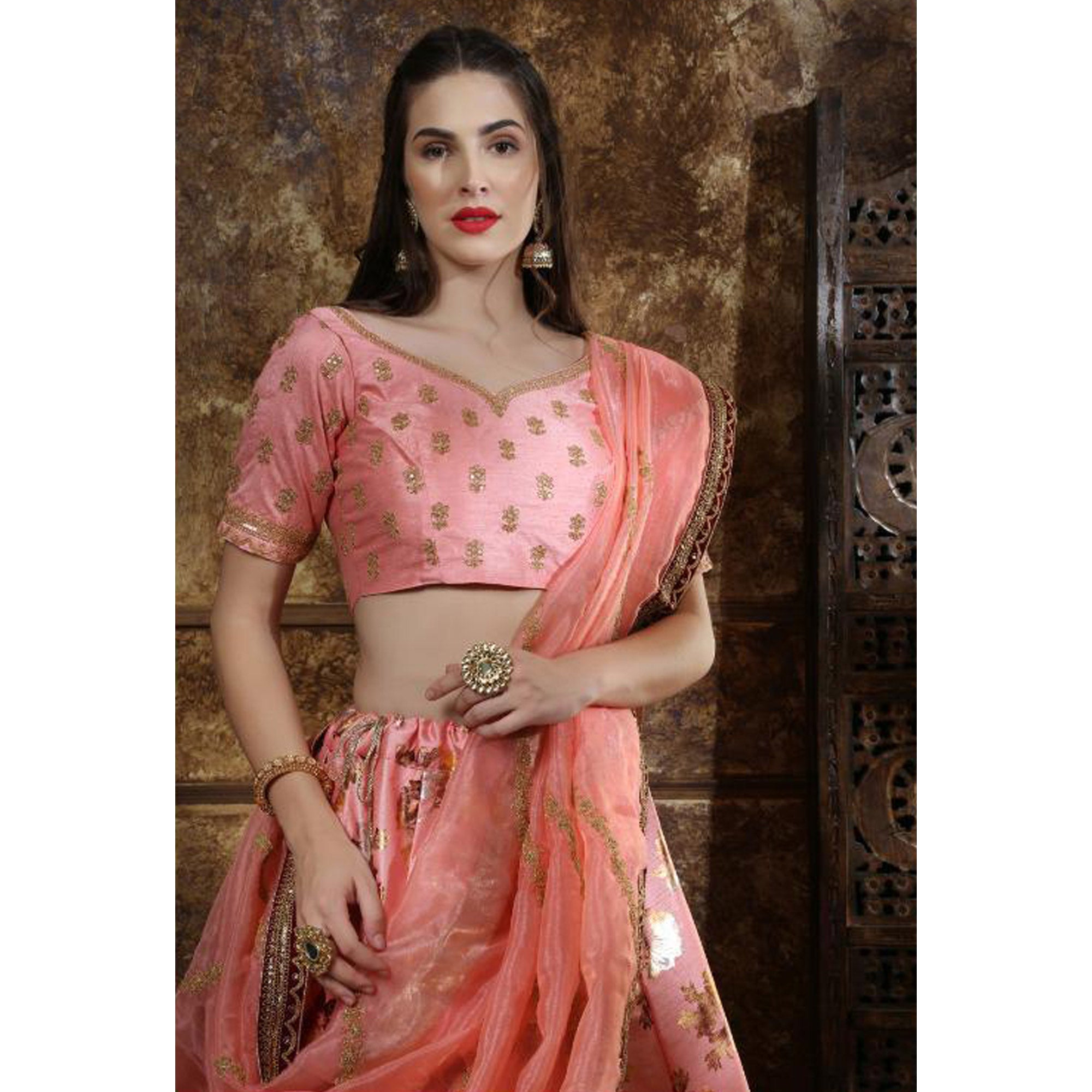 Peach Foil Printed Art Silk Lehenga Choli