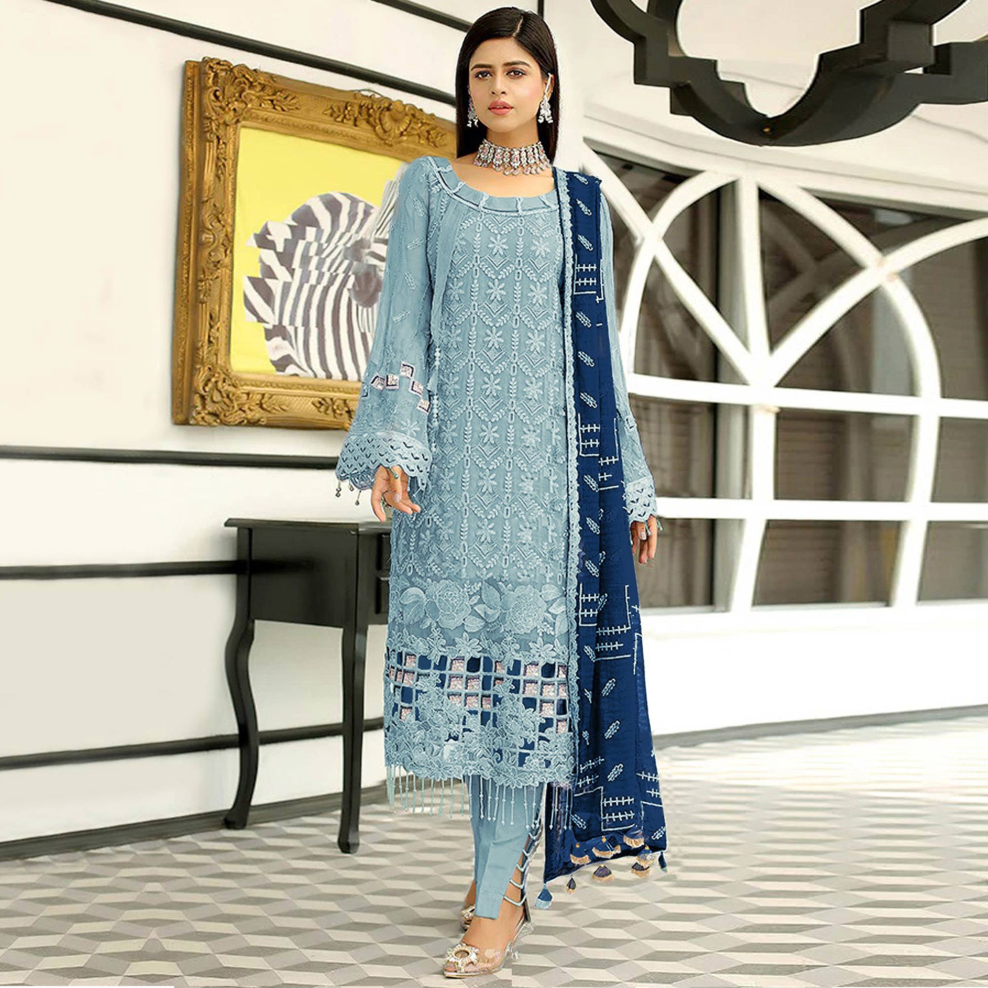 Blue Floral Embroidered Georgette Pakistani Suit