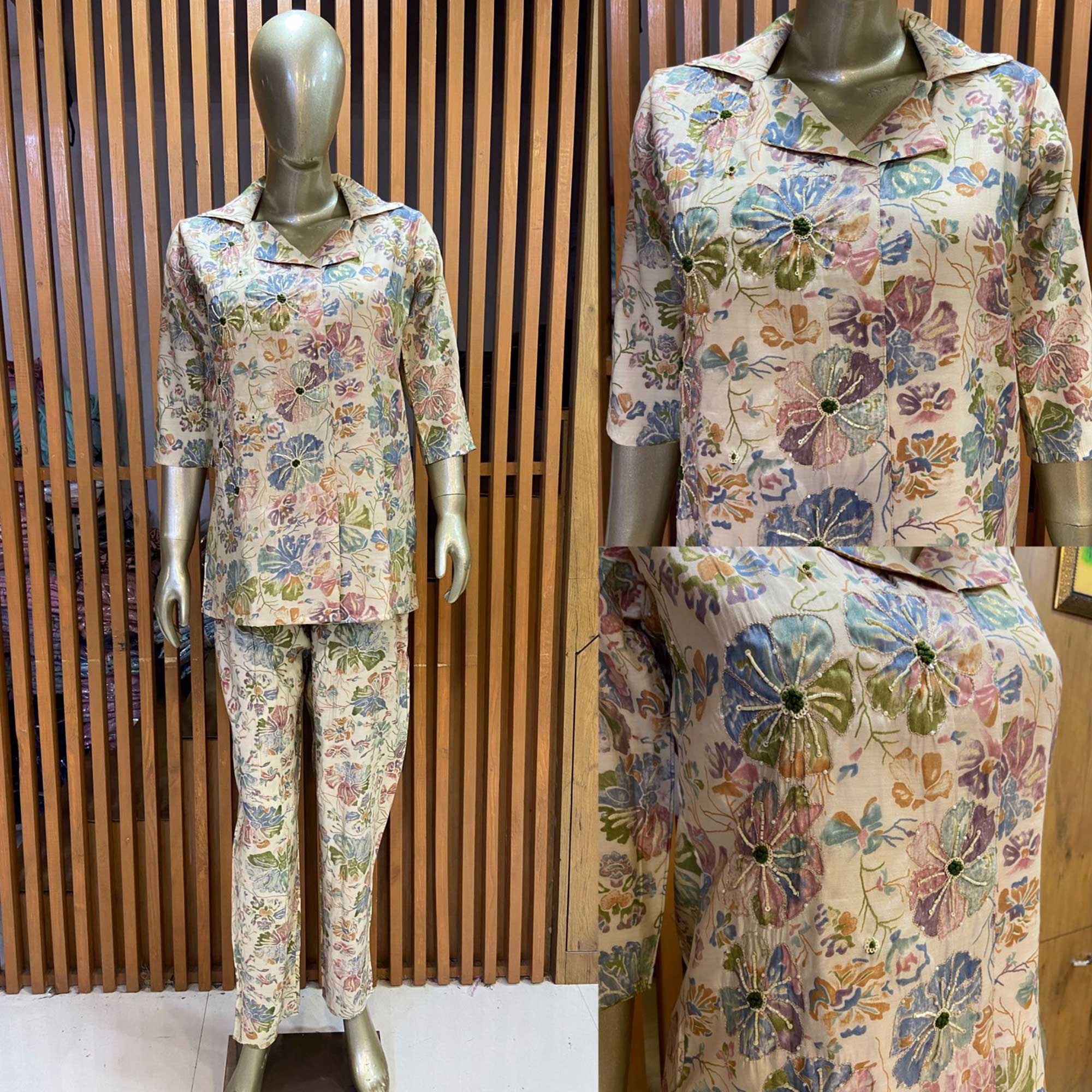 Cream Floral Printed Muslin Co Ord Set