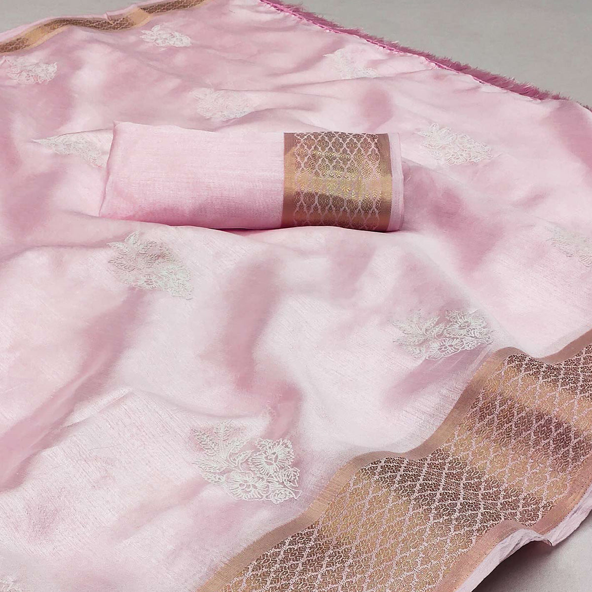 Pink Floral Embroidered Chanderi Saree