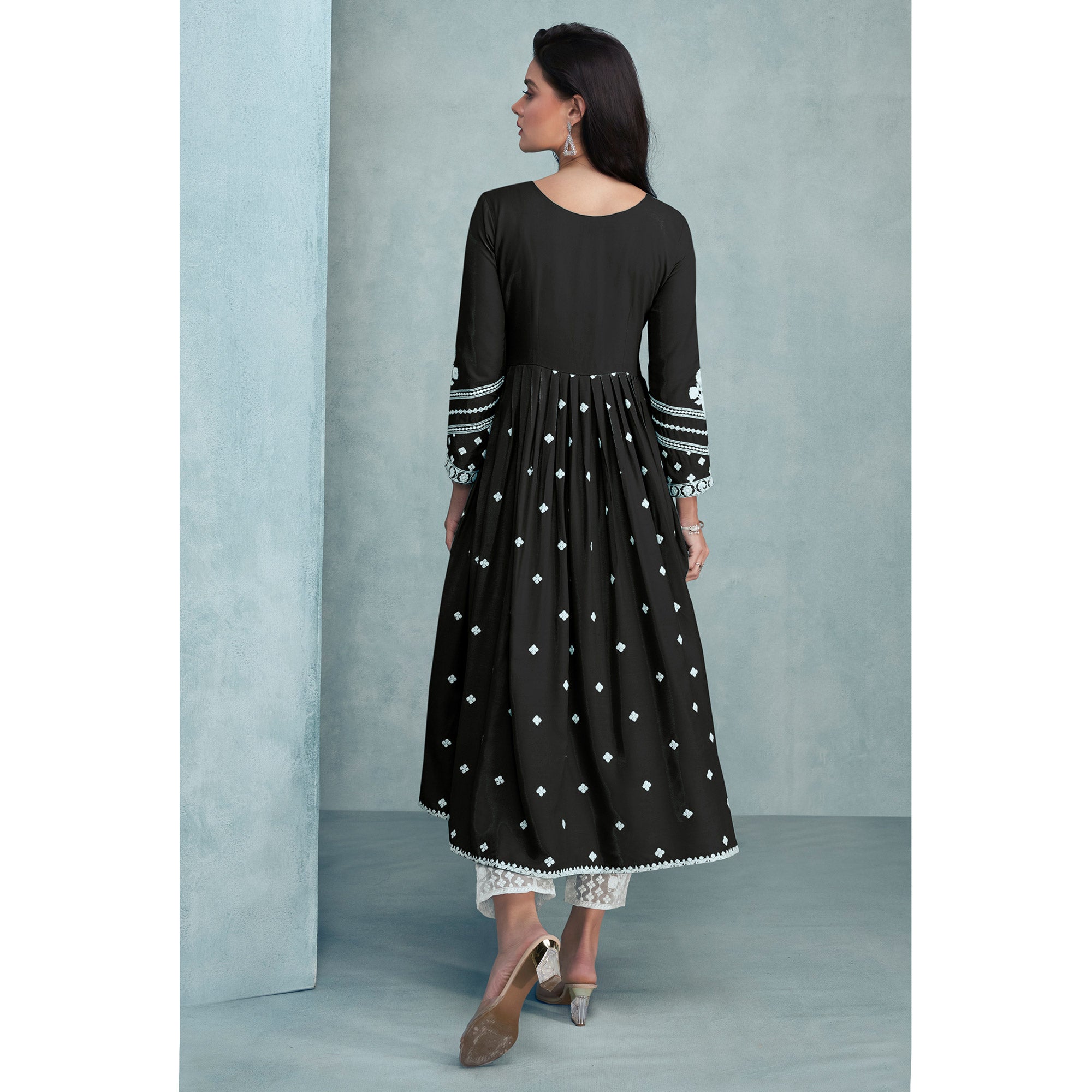 Black Lucknowi Work Rayon Naira Cut Suit