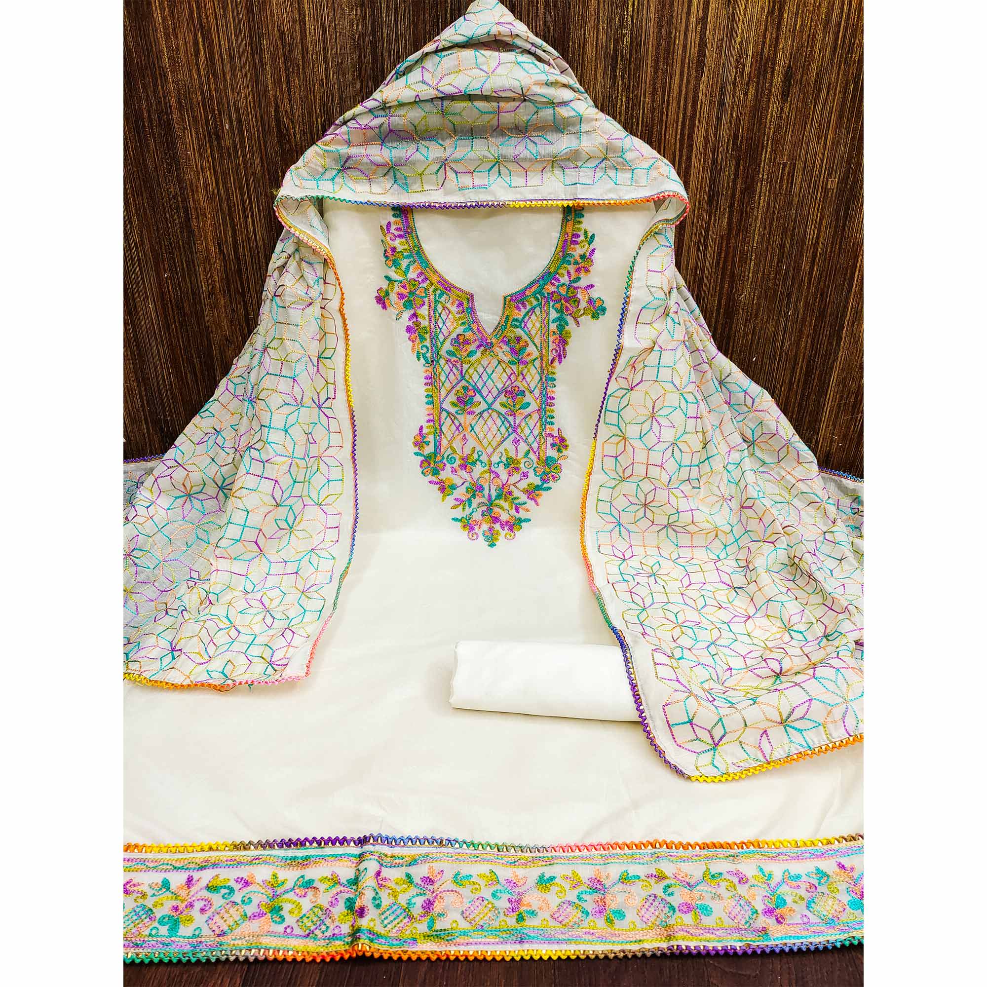 White Floral Embroidered Chanderi Dress Material