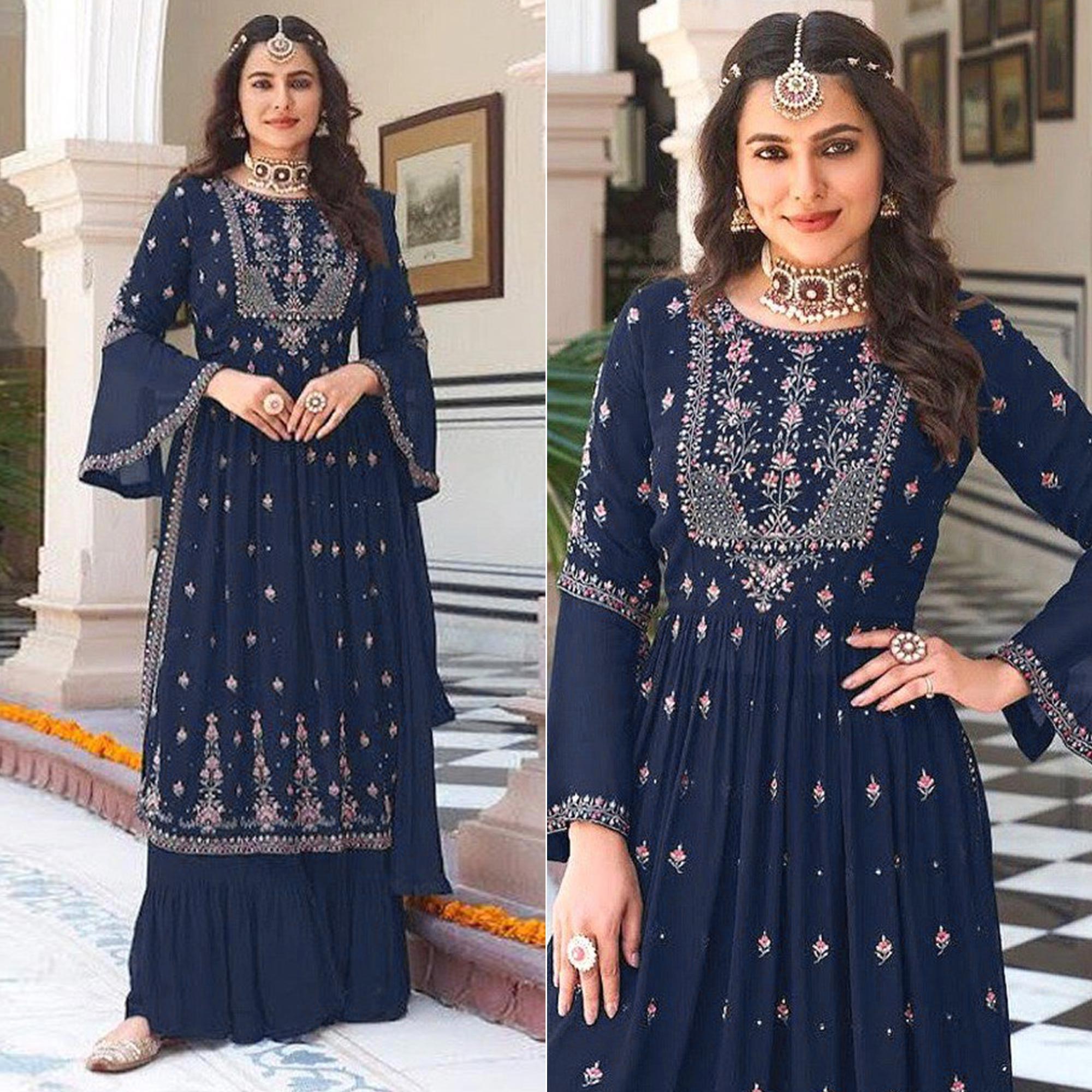 Blue Floral Embroidered Georgette Naira Cut Sharara Suit
