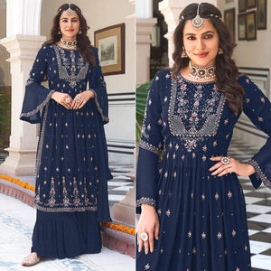 Blue Floral Embroidered Georgette Naira Cut Sharara Suit