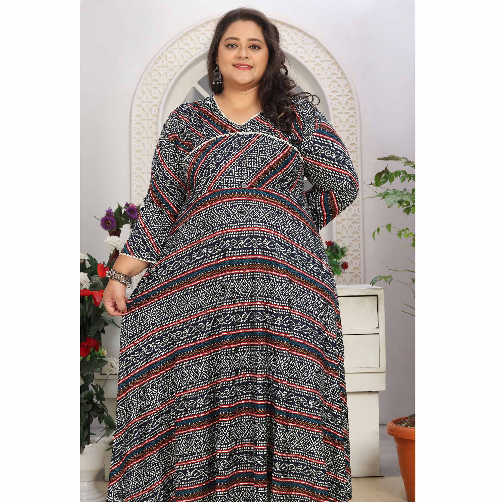 Blue Bandhani Printed Rayon Long Kurti - Image 5