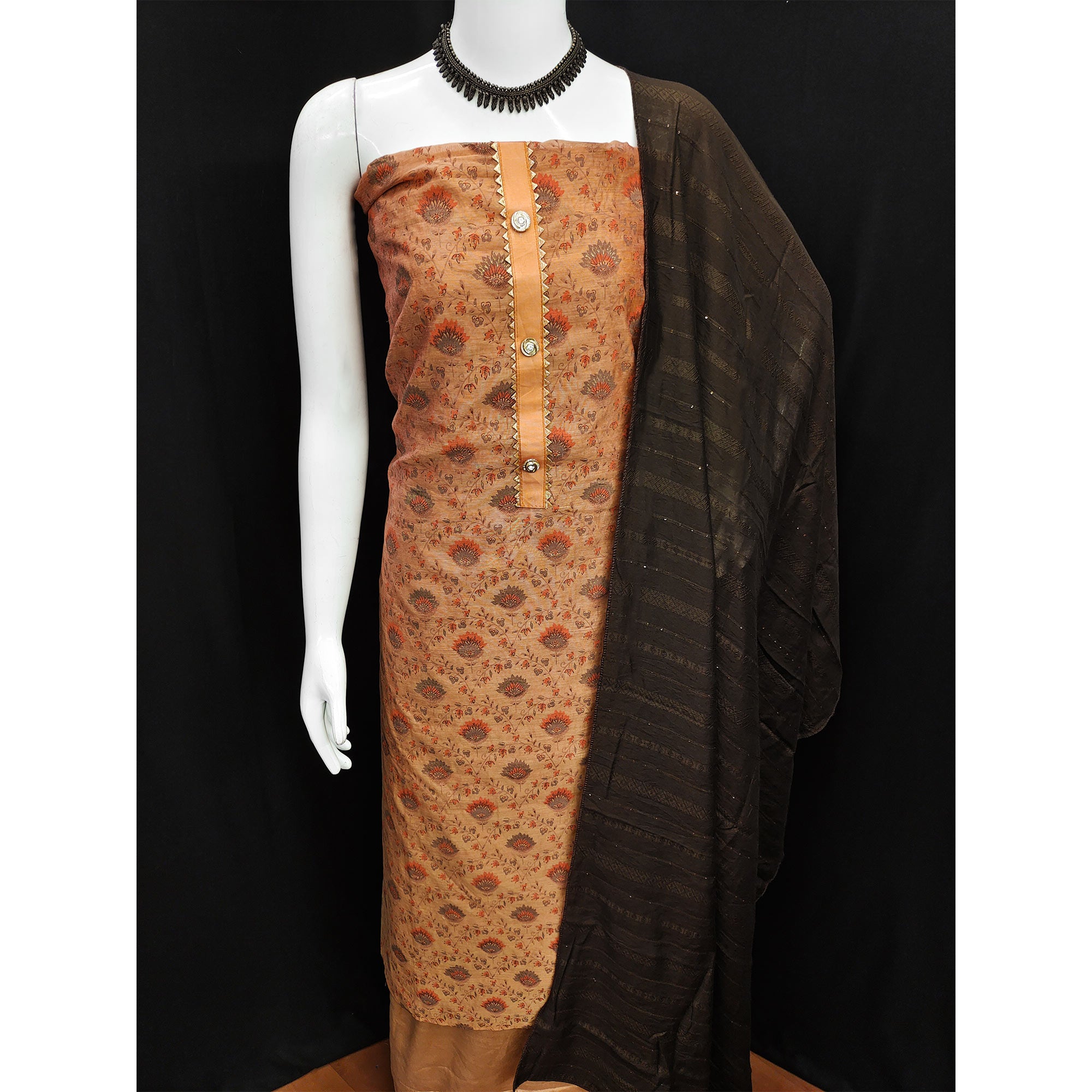 Light Orange Floral Printed Chanderi Dress Material