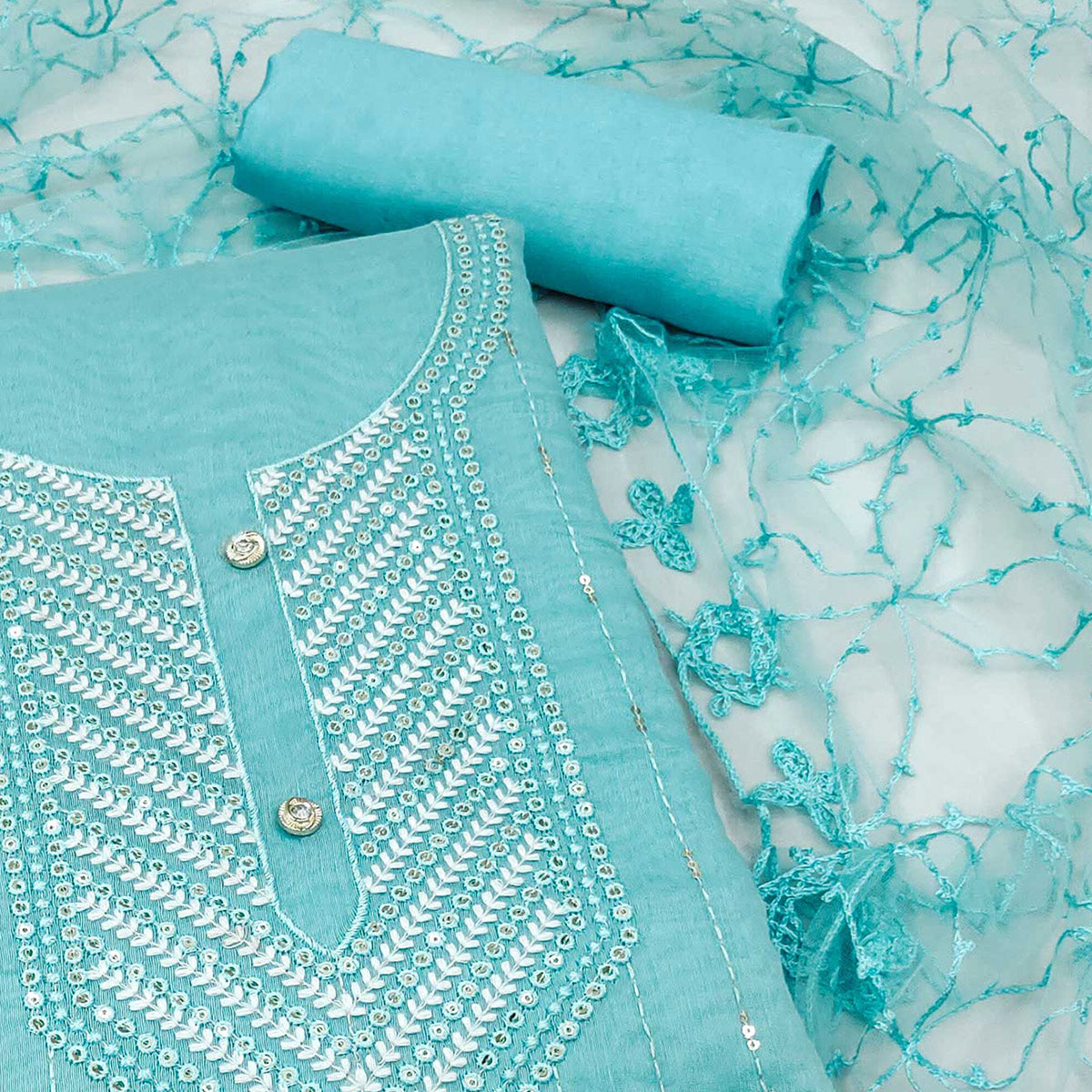 Blue Sequins Embroidered Chanderi Dress Material