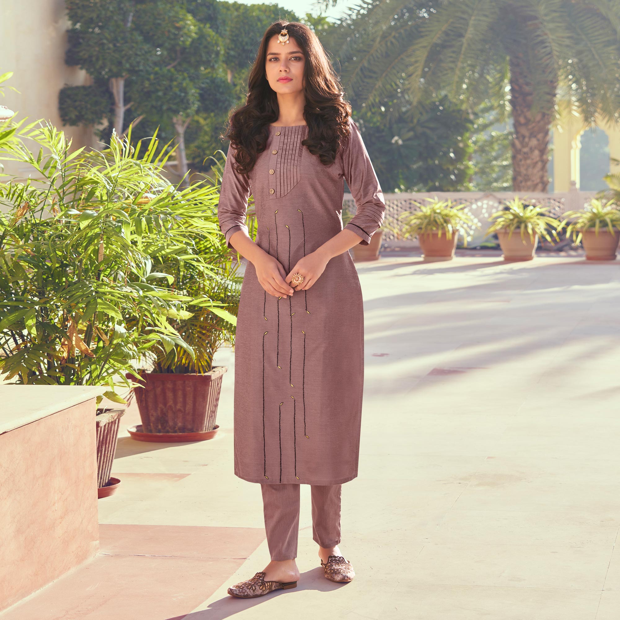 Mauve Embroidered Art Silk Kurti Pant Set - Image 1