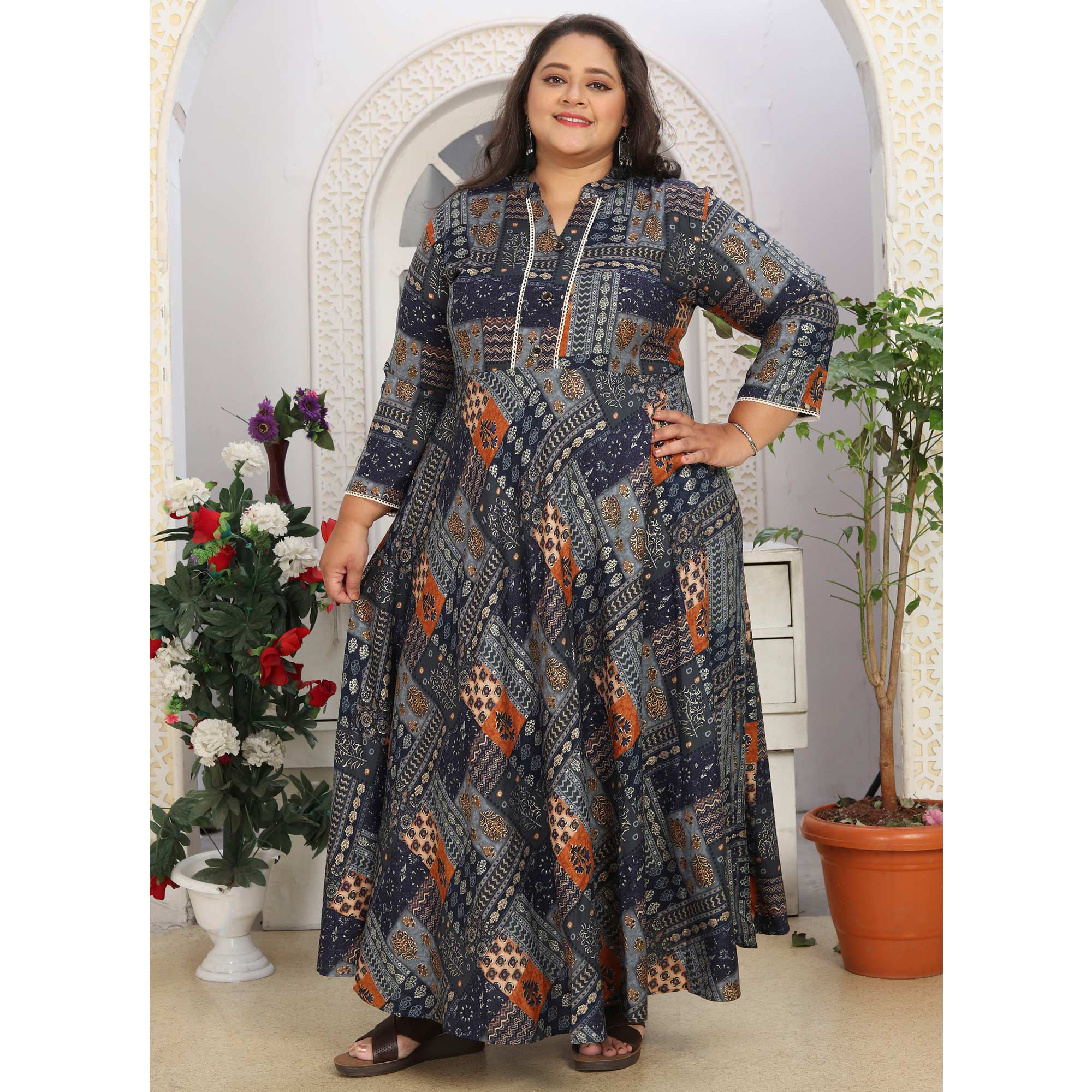 Blue Floral Printed Rayon Long Kurti