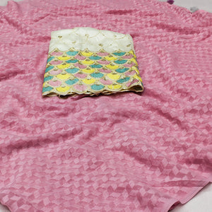 Pink Woven Jacquard Saree With Tassels