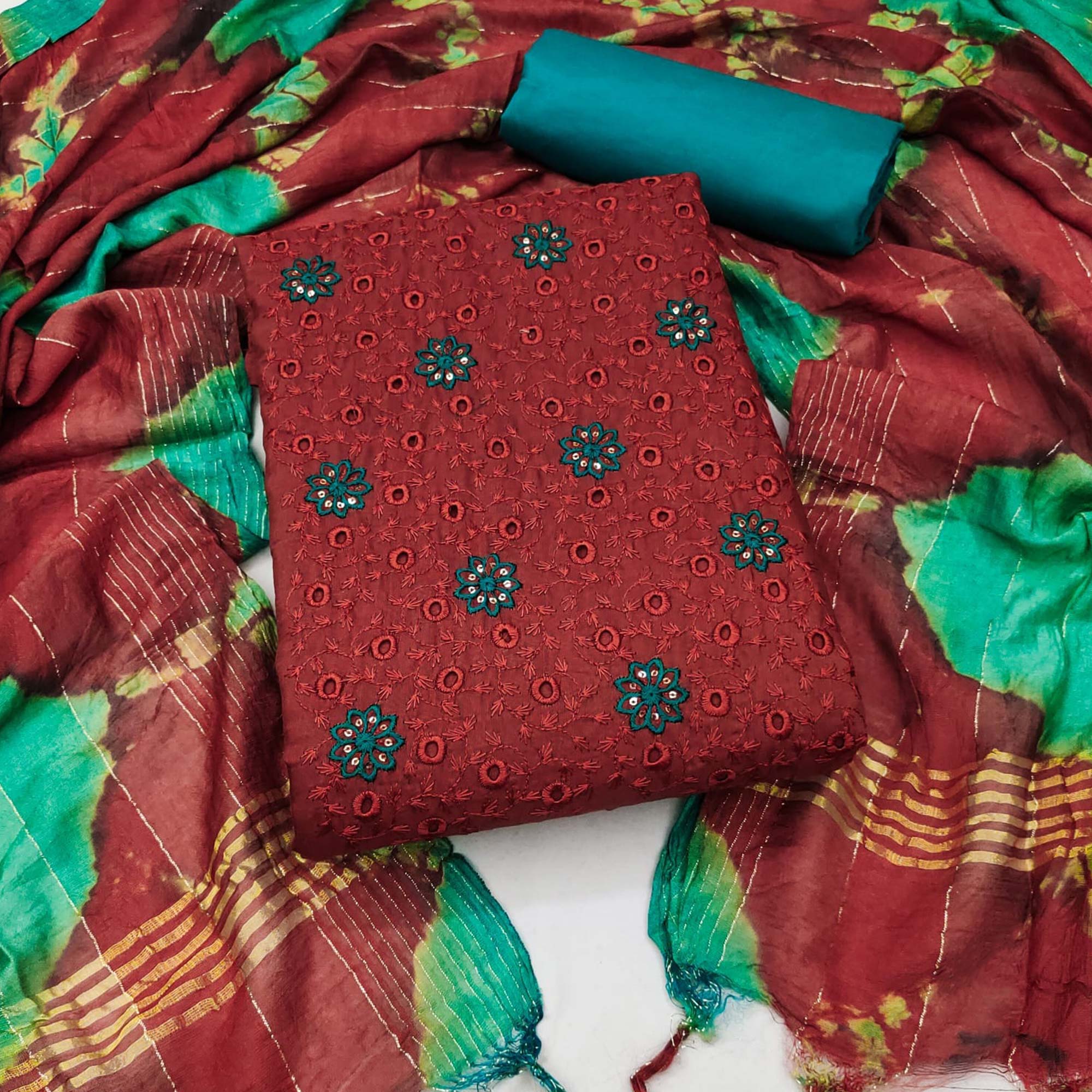 Red Embroidered Sequins Cotton Blend Dress Material