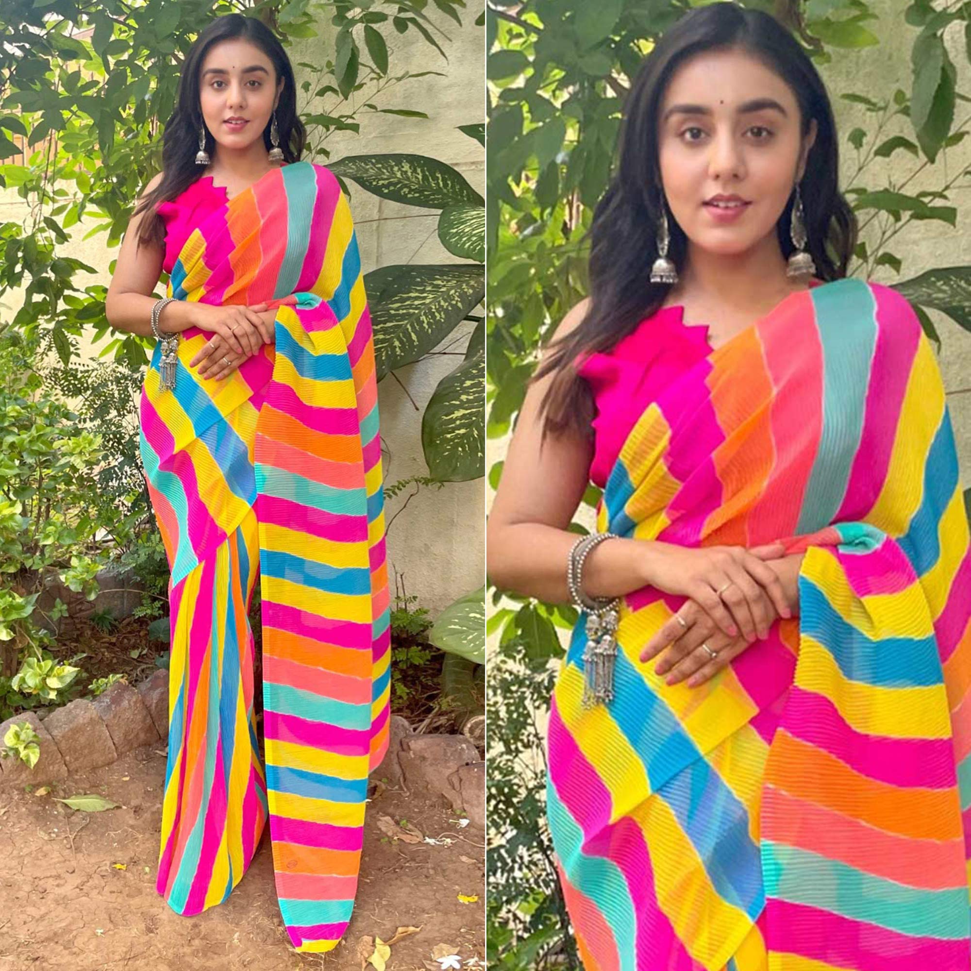 Multicolor Striped Printed Crush Georgette Saree