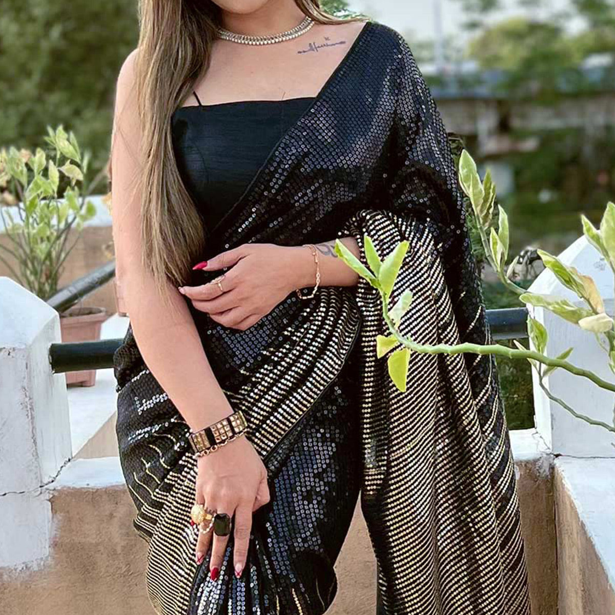 Black Sequins Embroidered Georgette Saree - Image 6
