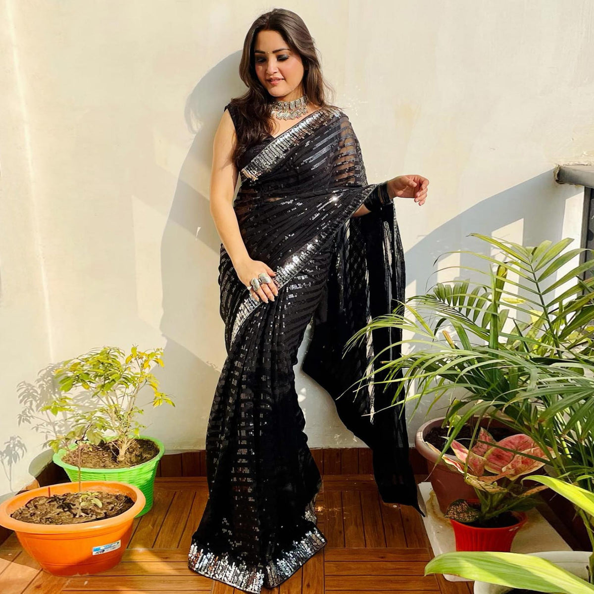Black Sequins Embroidered Georgette Saree - Image 4