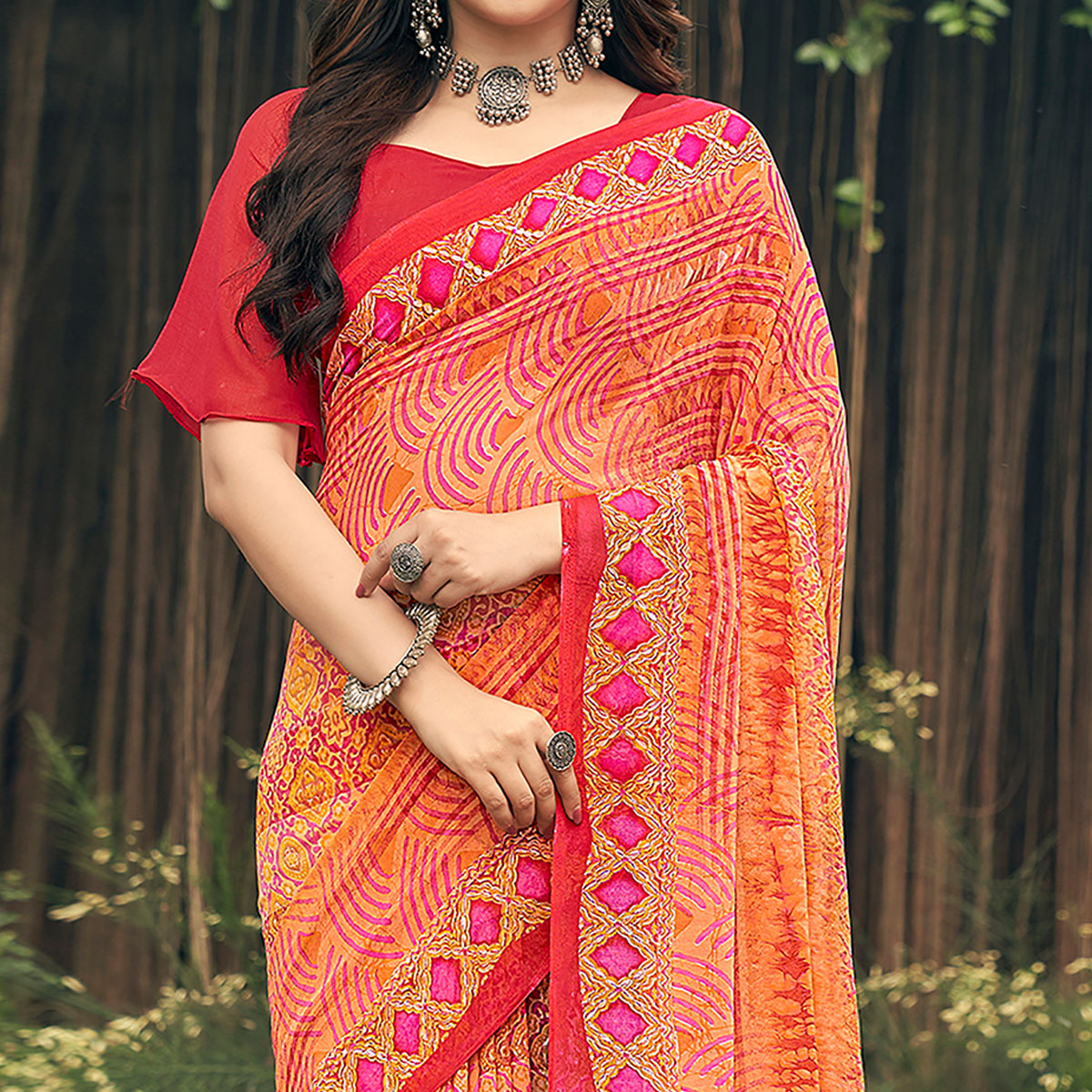 Orange Geometric Printed Georgette Saree