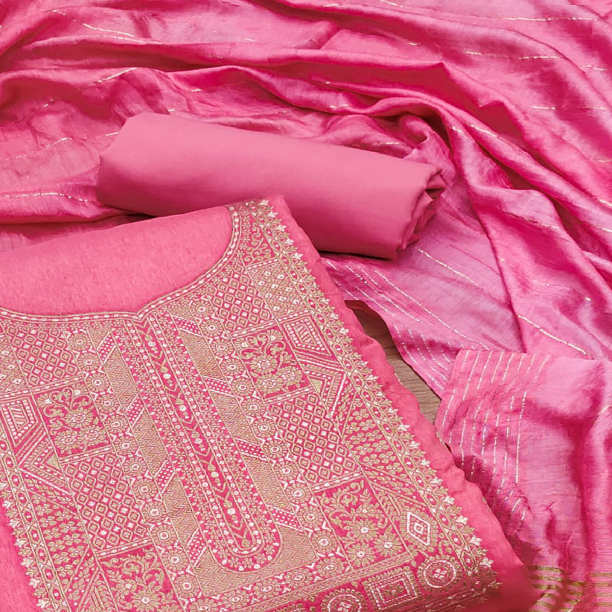 Pink Woven Banarasi Silk Dress Material